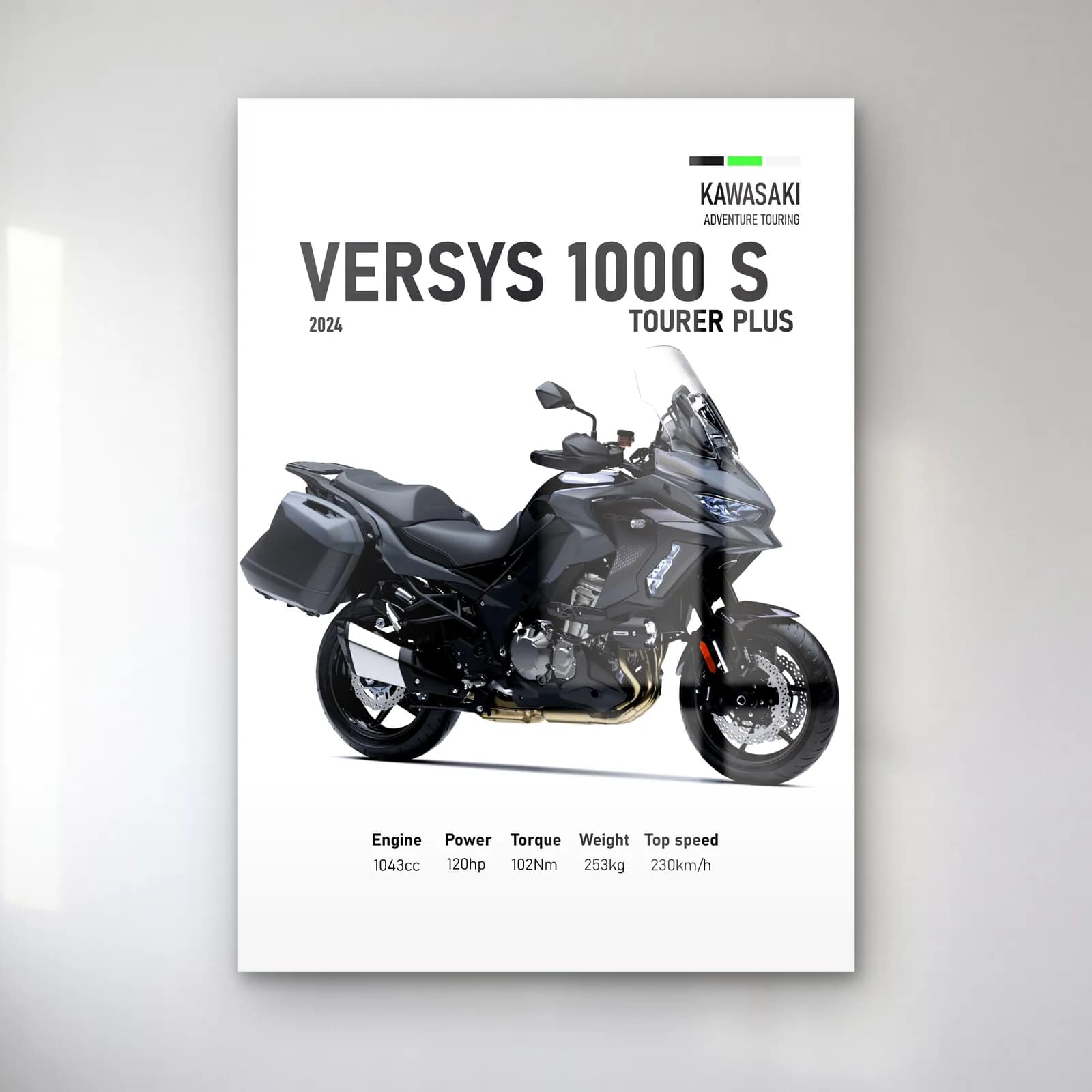 Versys 1000 S Tourer Plus 2024 cam tablo — Beyaz zeminde siyah gri Kawasaki Versys 1000 S Tourer Plus 2024 ve teknik veriler