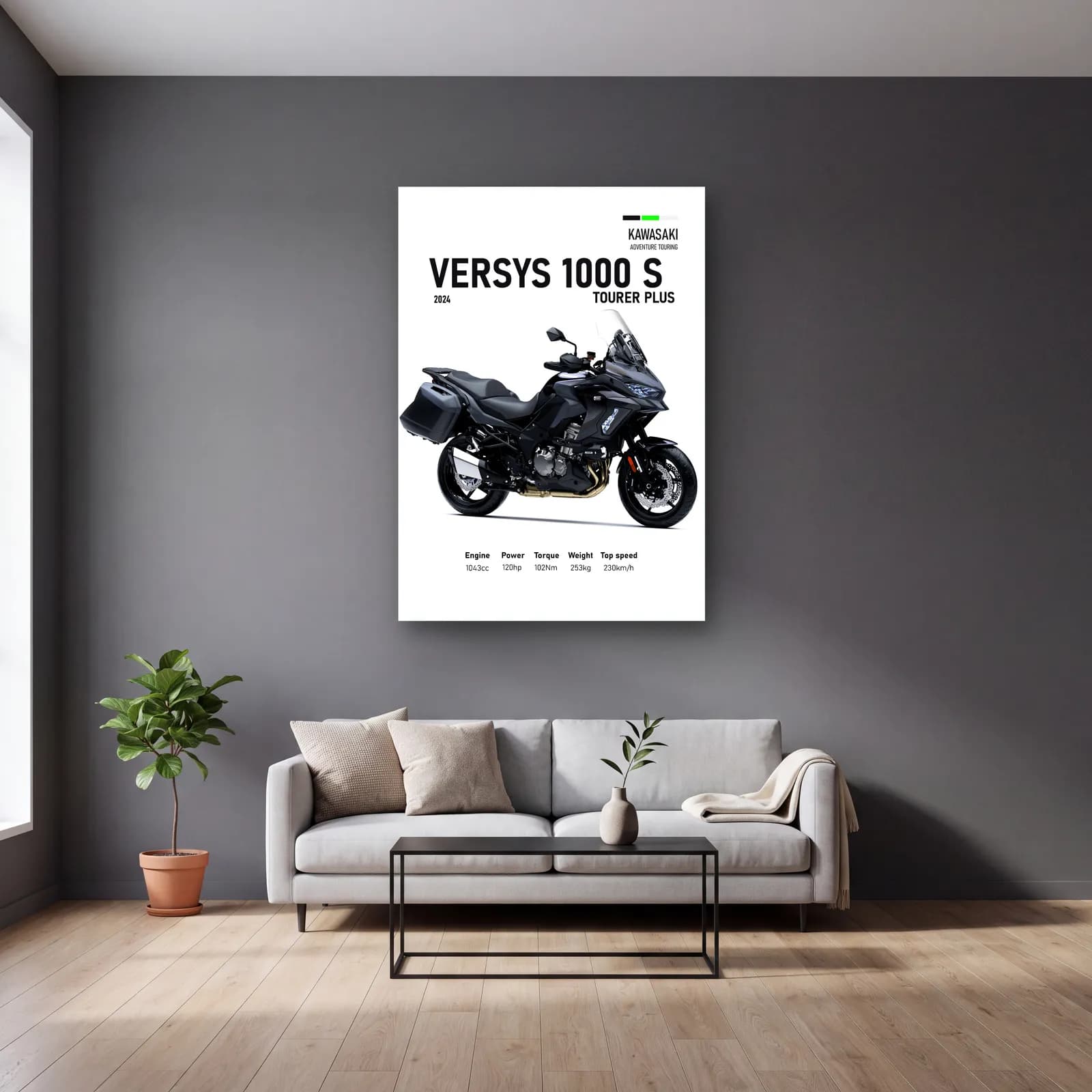 Versys 1000 S Tourer Plus 2024 cam tablo — gri duvarlı salonda