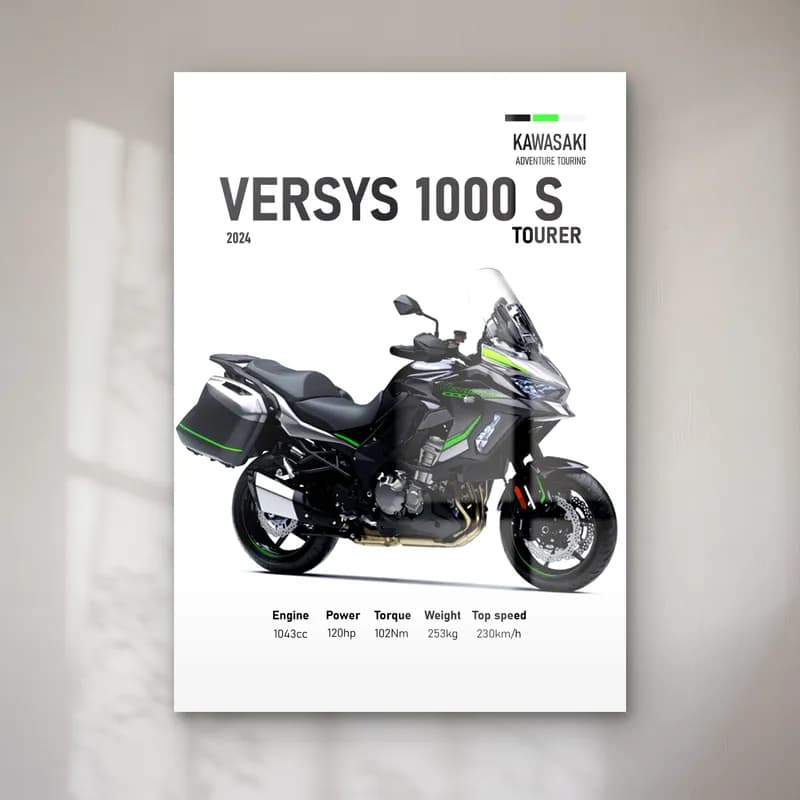 Kawasaki Versys 1000 S Tourer 2024 cam tablo — Beyaz zeminde siyah gri Kawasaki Versys 1000 S Tourer 2024 ve teknik veriler
