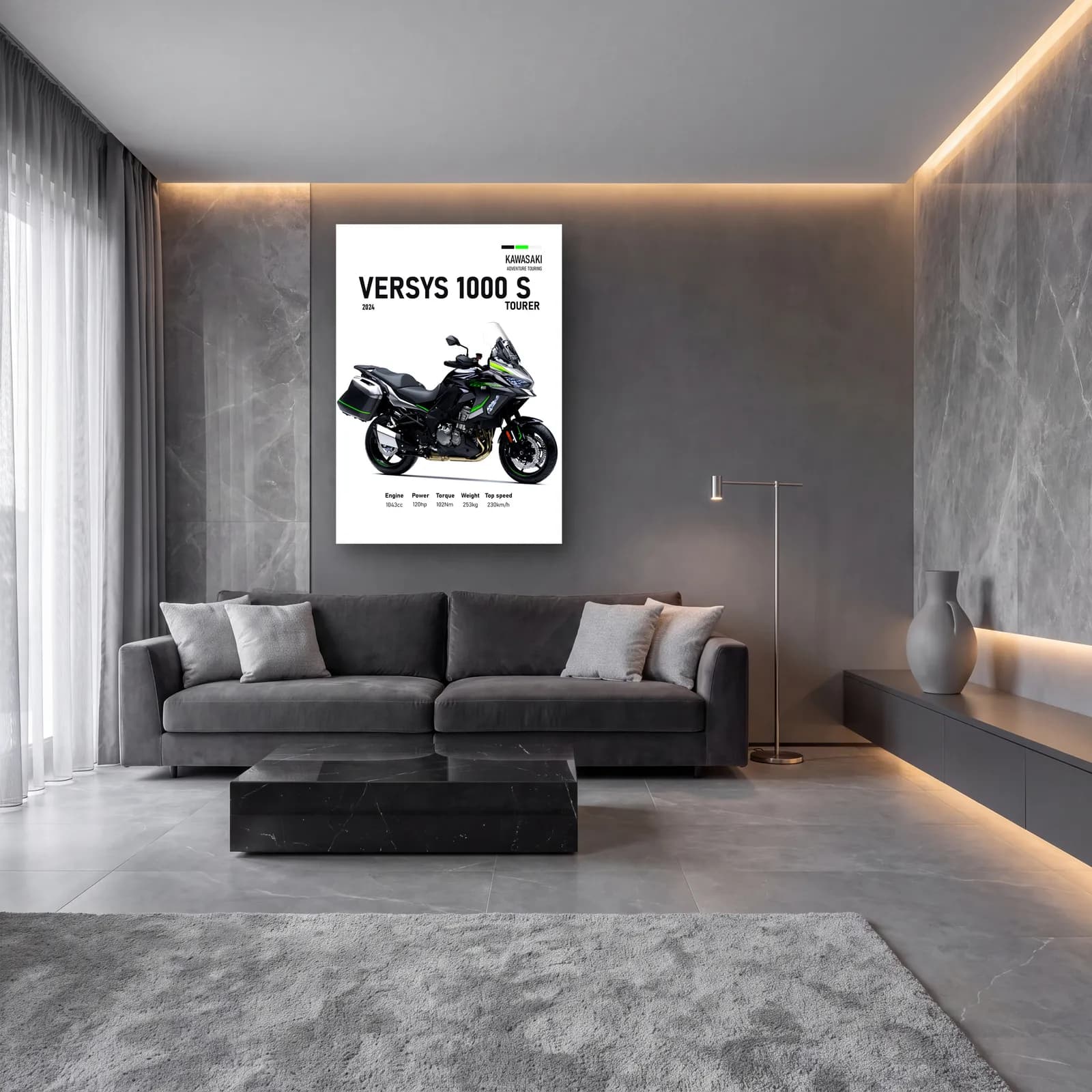 Kawasaki Versys 1000 S Tourer 2024 cam tablo — lüks salon duvarında