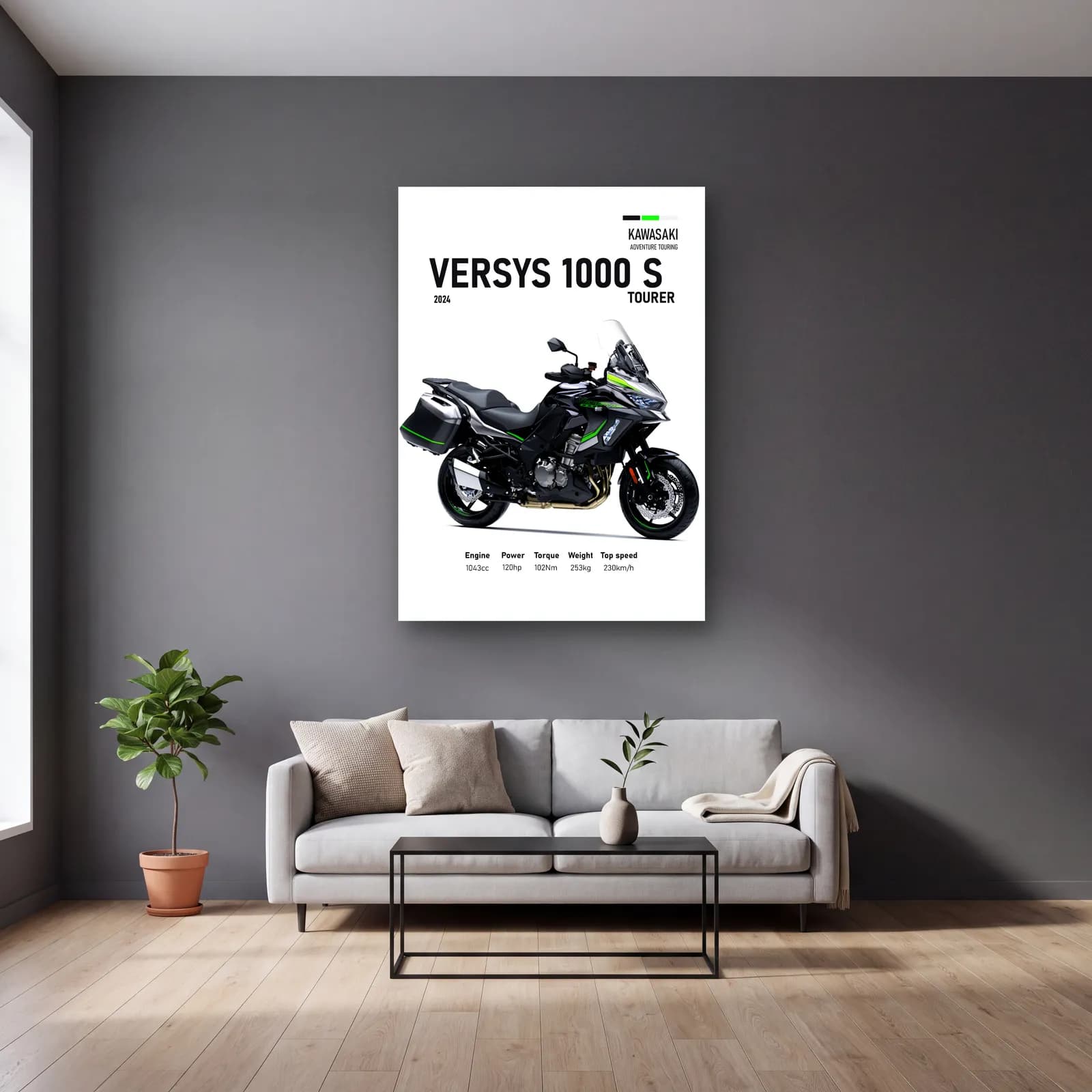 Kawasaki Versys 1000 S Tourer 2024 cam tablo — gri duvarlı salonda