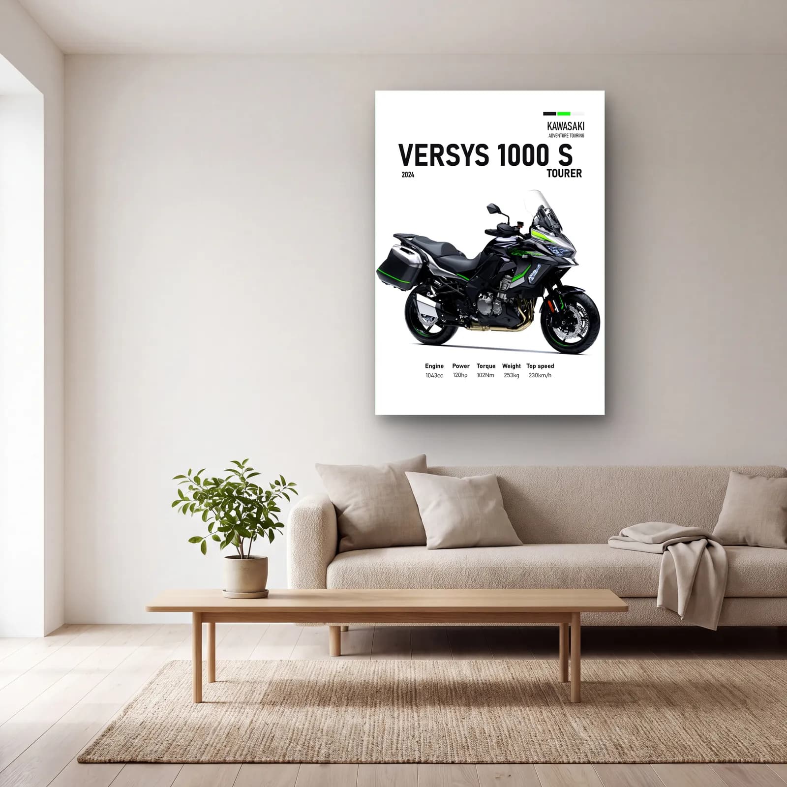 Kawasaki Versys 1000 S Tourer 2024 cam tablo — açık renk salonda