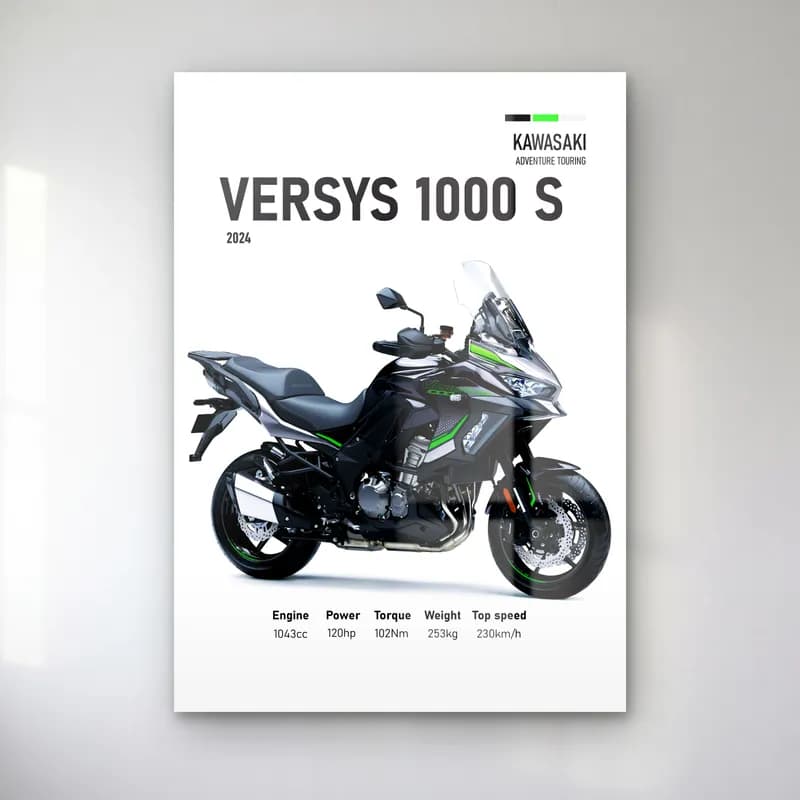 Kawasaki Versys 1000 S 2024 cam tablo — Beyaz zeminde siyah gri Kawasaki Versys 1000 S 2024 ve teknik veriler