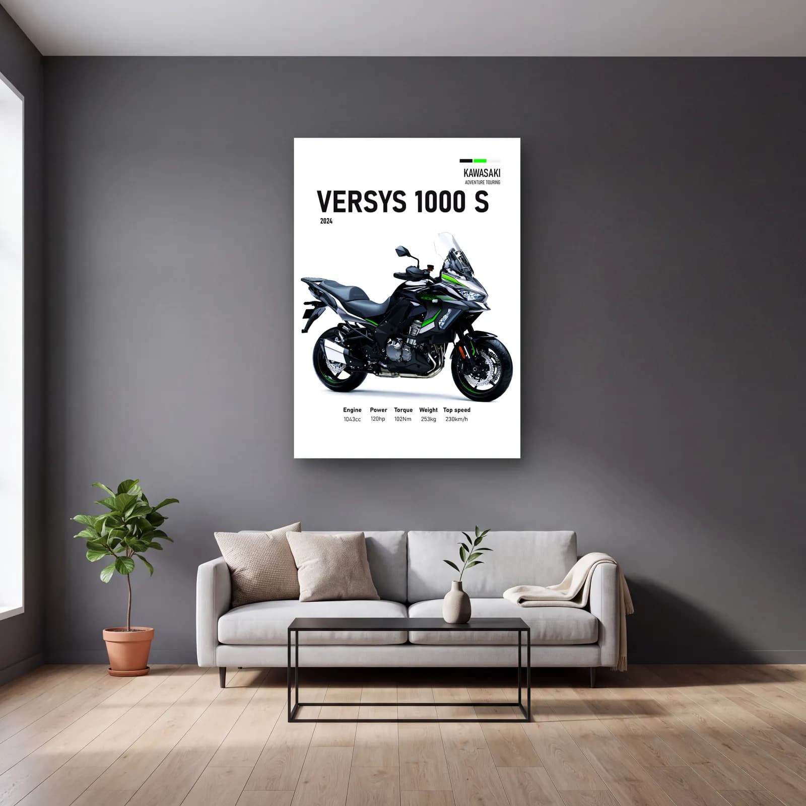 Kawasaki Versys 1000 S 2024 cam tablo — gri duvarlı salonda