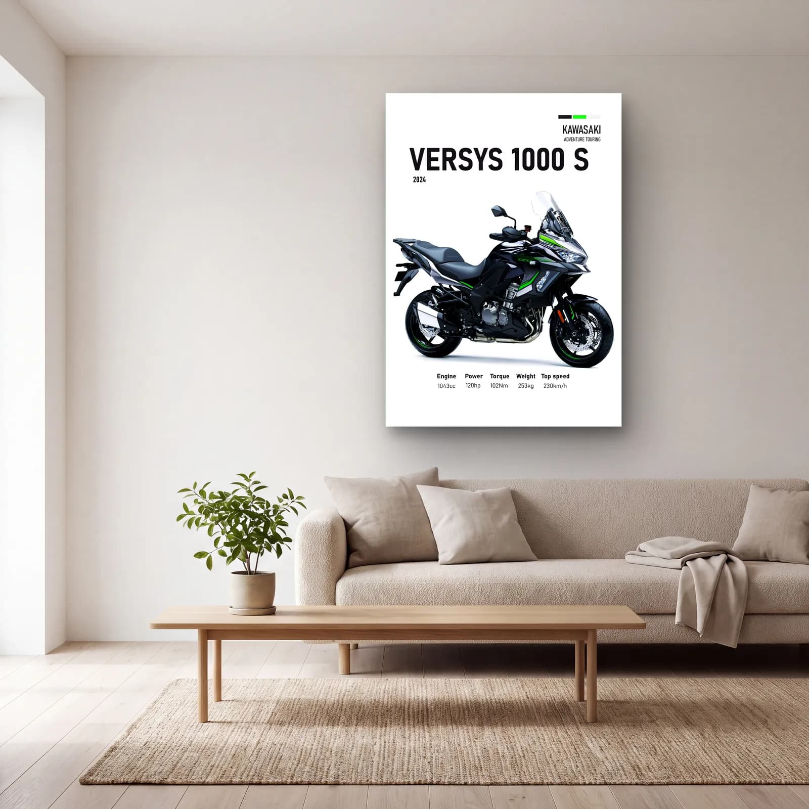 Kawasaki Versys 1000 S 2024 cam tablo — açık renk salonda
