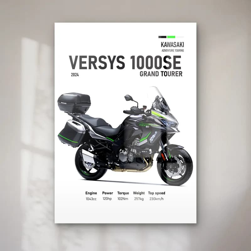 Versys 1000 SE Grand Tourer 2024 cam tablo — Beyaz zeminde siyah gri Kawasaki Versys 1000 SE Grand Tourer 2024 ve teknik veriler