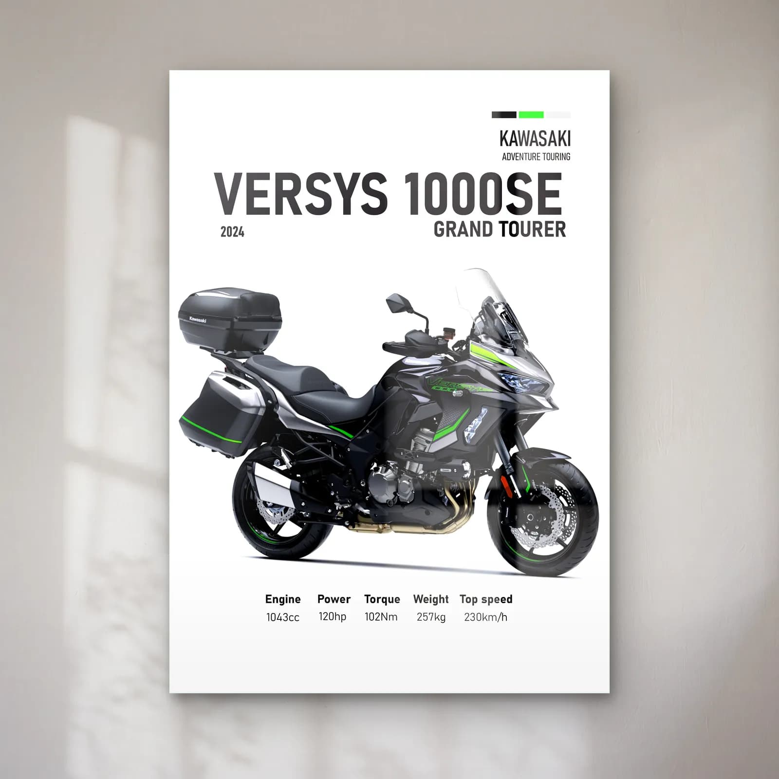 Versys 1000 SE Grand Tourer 2024 cam tablo — Beyaz zeminde siyah gri Kawasaki Versys 1000 SE Grand Tourer 2024 ve teknik veriler