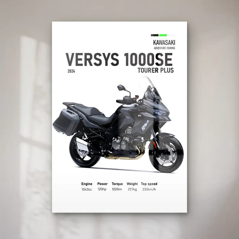 Versys 1000 SE Tourer Plus 2024 cam tablo — Beyaz zeminde siyah gri Kawasaki Versys 1000 SE Tourer Plus 2024 ve teknik veriler