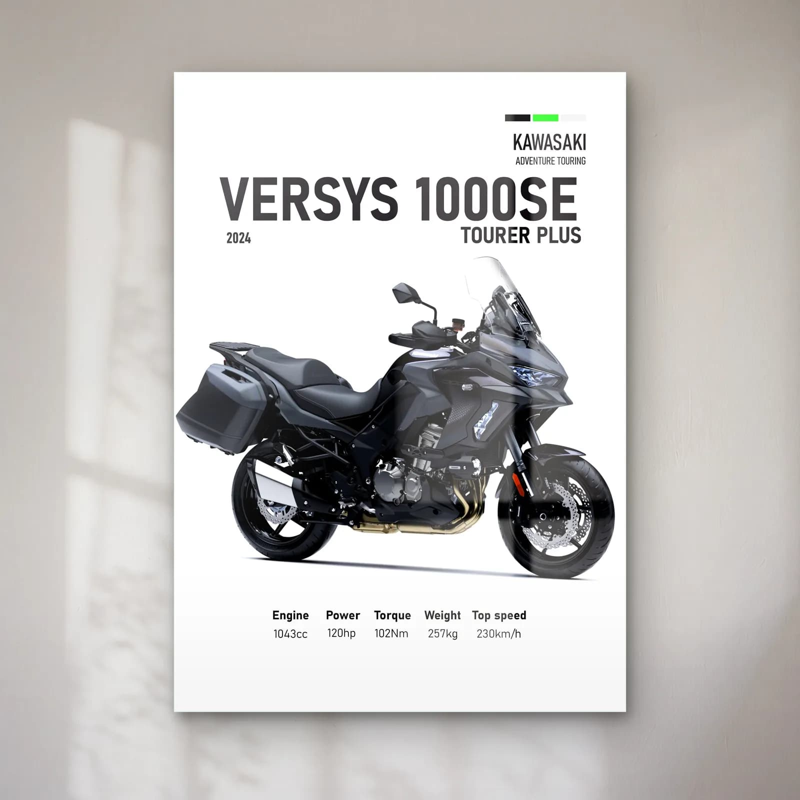 Versys 1000 SE Tourer Plus 2024 cam tablo — Beyaz zeminde siyah gri Kawasaki Versys 1000 SE Tourer Plus 2024 ve teknik veriler
