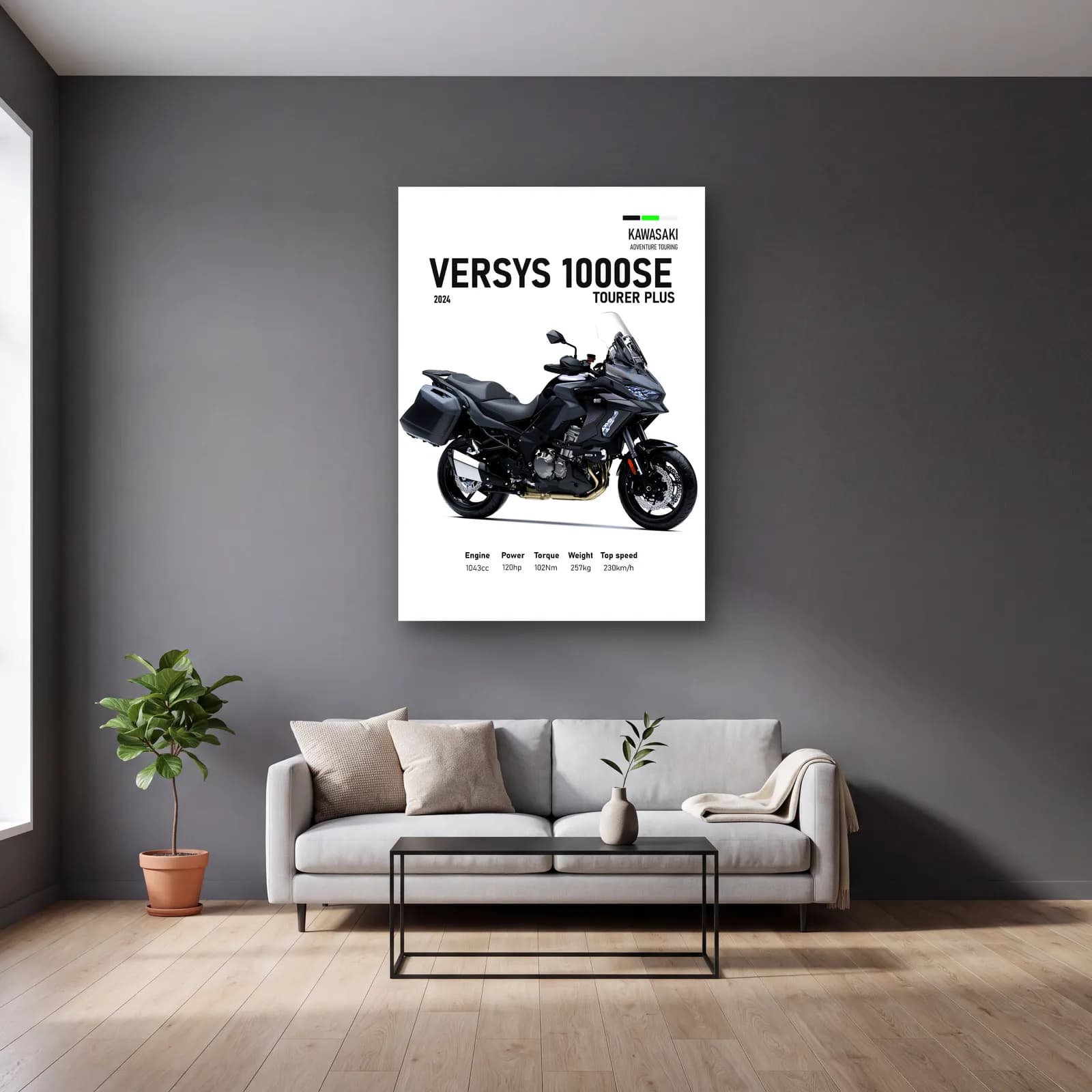 Versys 1000 SE Tourer Plus 2024 cam tablo — gri duvarlı salonda