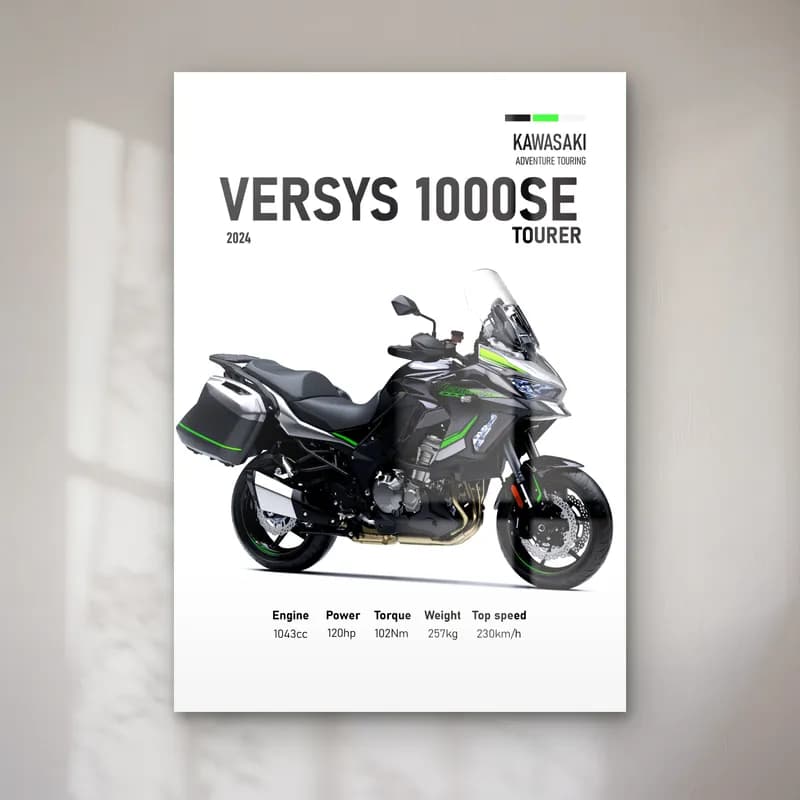 Kawasaki Versys 1000 SE Tourer 2024 cam tablo — Beyaz zeminde siyah gri Kawasaki Versys 1000 SE Tourer 2024 ve teknik veriler