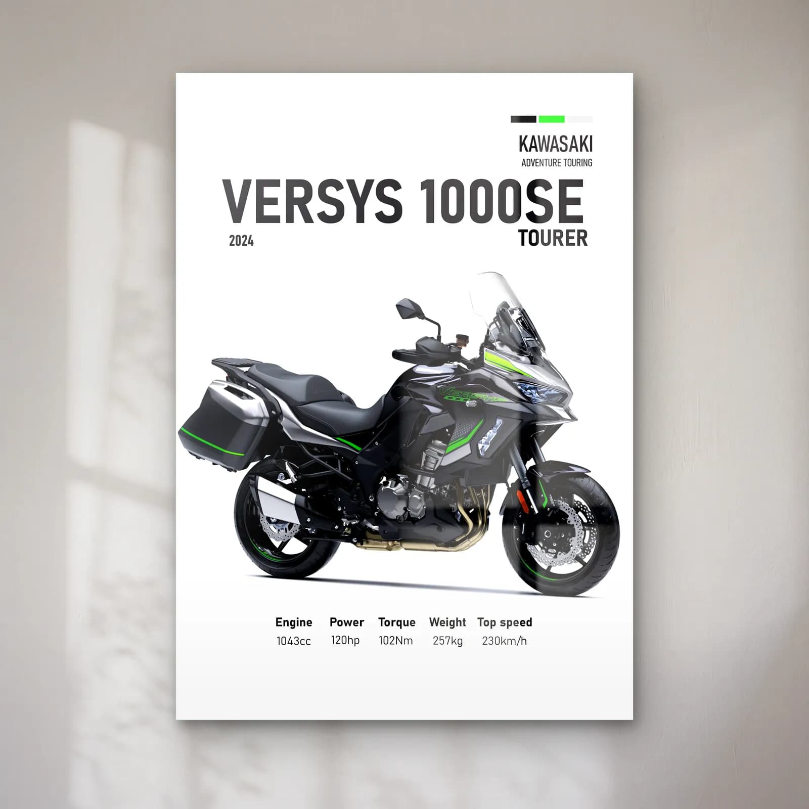 Kawasaki Versys 1000 SE Tourer 2024 cam tablo — Beyaz zeminde siyah gri Kawasaki Versys 1000 SE Tourer 2024 ve teknik veriler