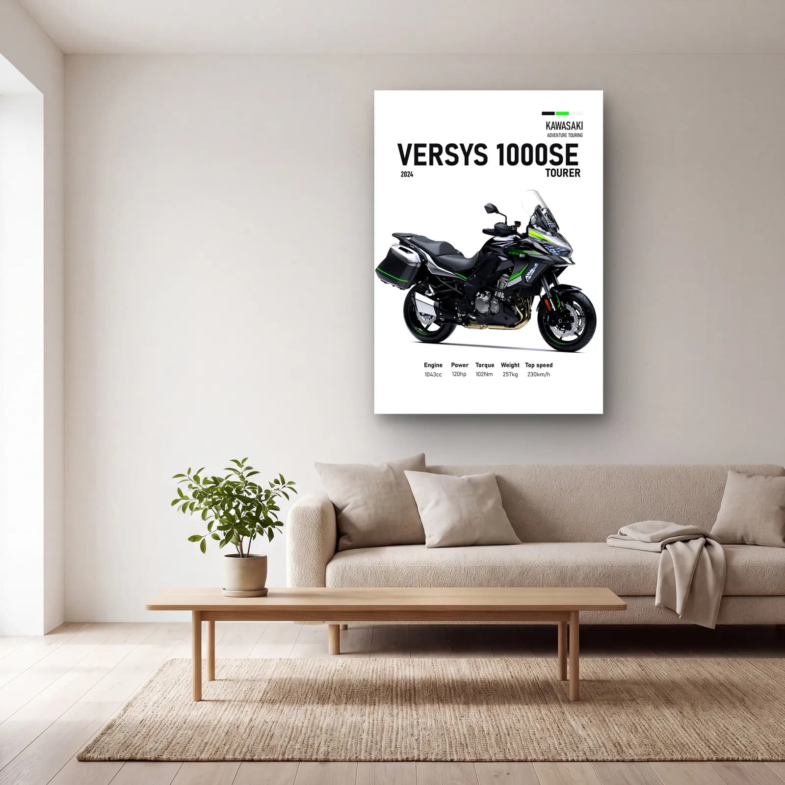 Kawasaki Versys 1000 SE Tourer 2024 cam tablo — açık renk salonda