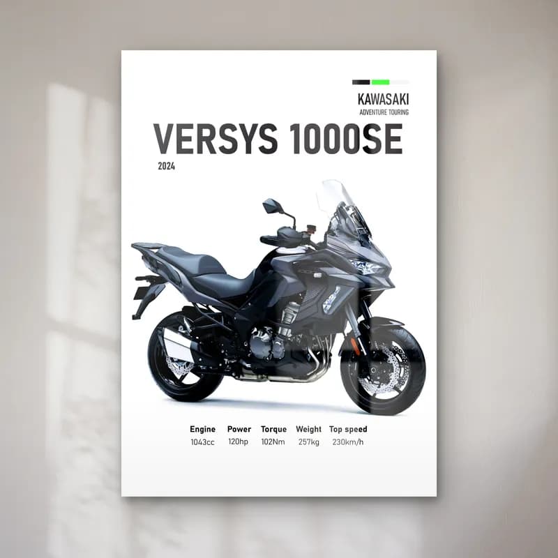 Kawasaki Versys 1000 SE 2024 cam tablo — Beyaz zeminde siyah gri Kawasaki Versys 1000 SE 2024 ve teknik veriler