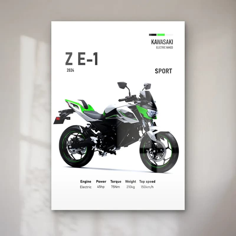 Kawasaki Z E-1 Sport 2024 cam tablo — Beyaz zeminde yeşil siyah Kawasaki Z E-1 Sport 2024 ve teknik veriler