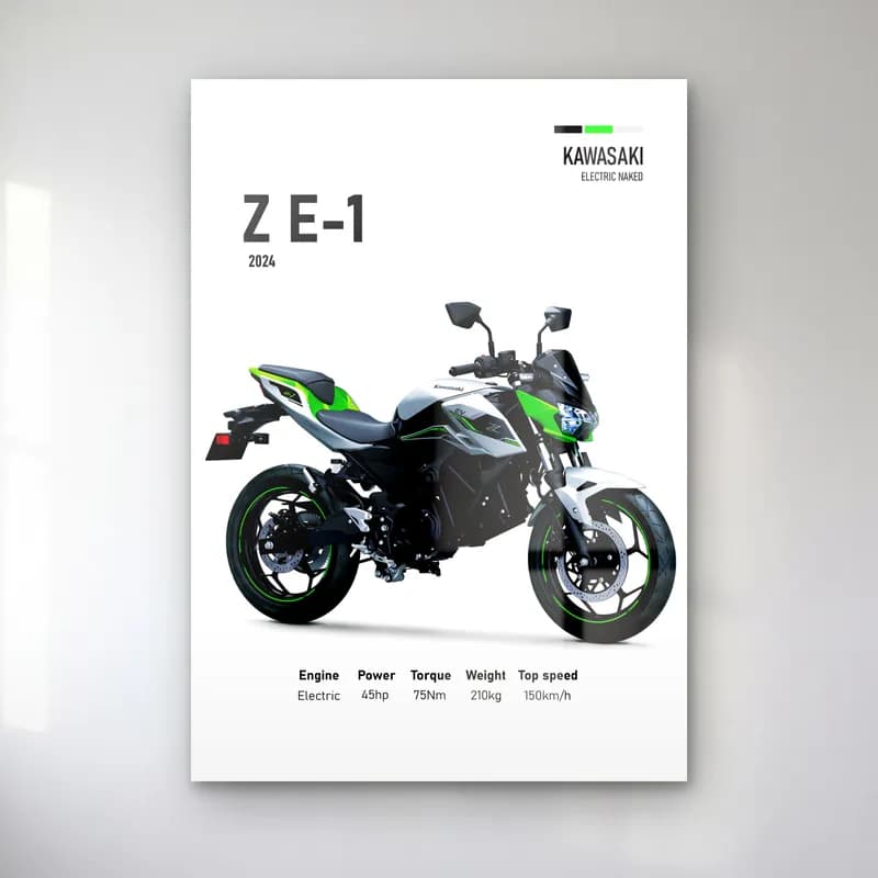 Kawasaki Z E-1 2024 cam tablo — Beyaz zeminde yeşil siyah Kawasaki Z E-1 2024 ve teknik veriler