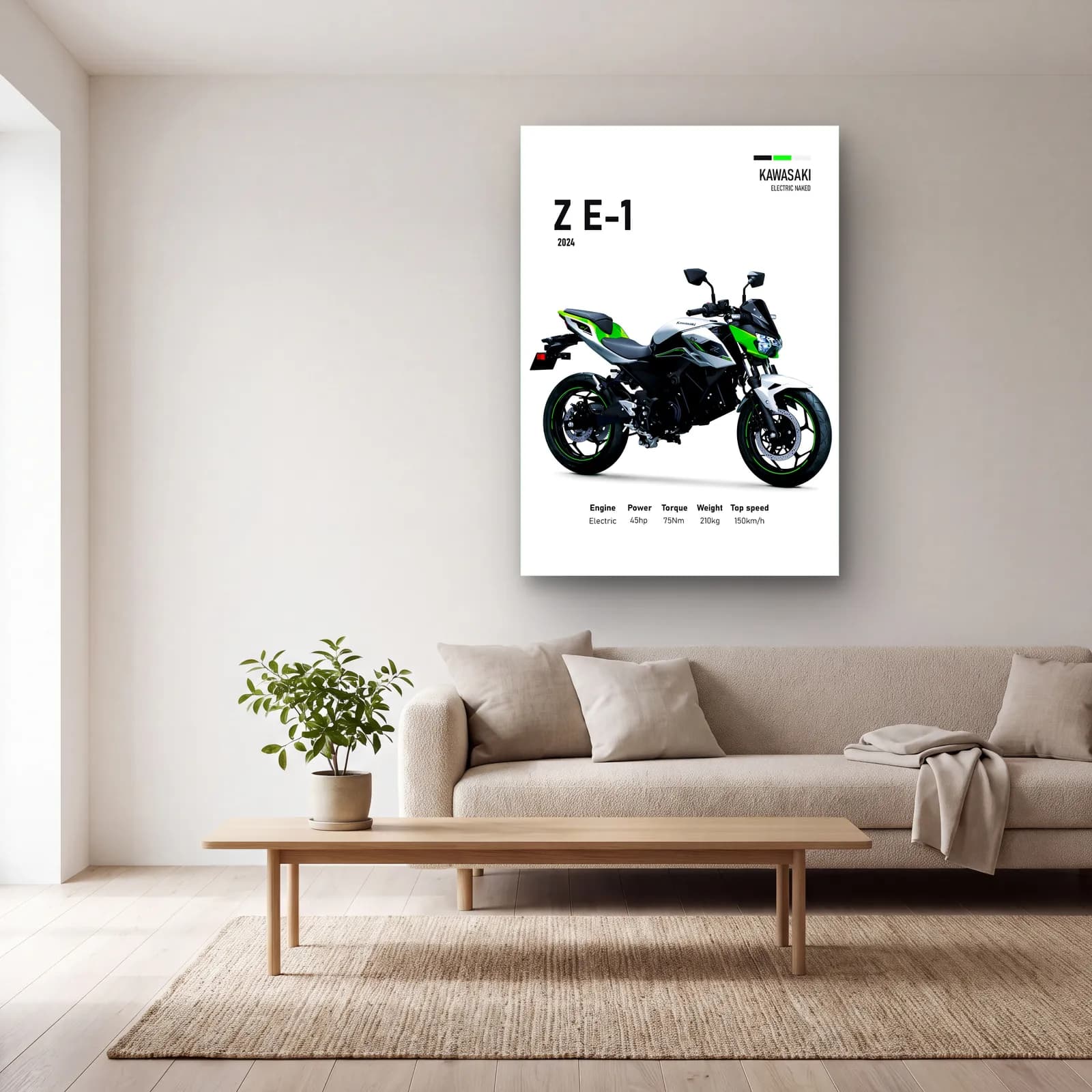 Kawasaki Z E-1 2024 cam tablo — açık renk salonda