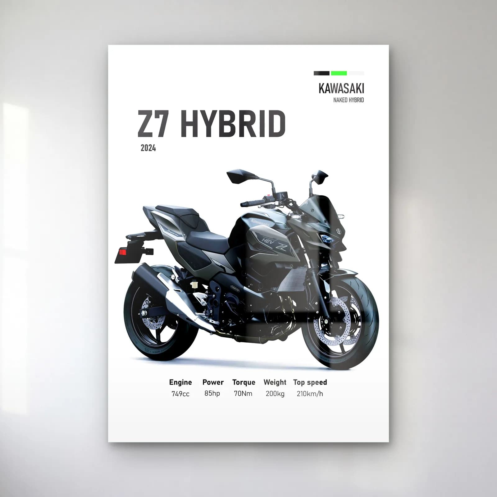 Kawasaki Z7 Hybrid 2024 Siyah cam tablo — Beyaz zeminde siyah gri Kawasaki Z7 Hybrid 2024 ve teknik veriler