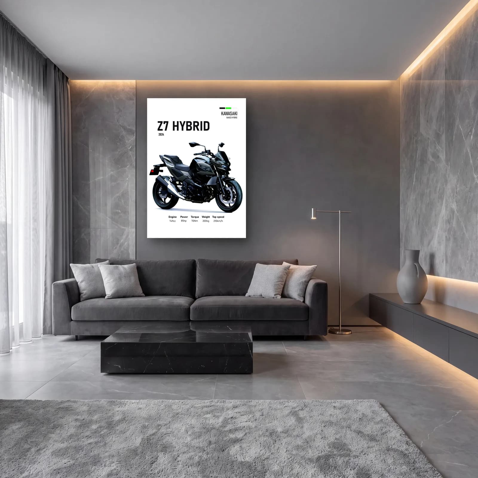 Kawasaki Z7 Hybrid 2024 Siyah cam tablo — lüks salon duvarında