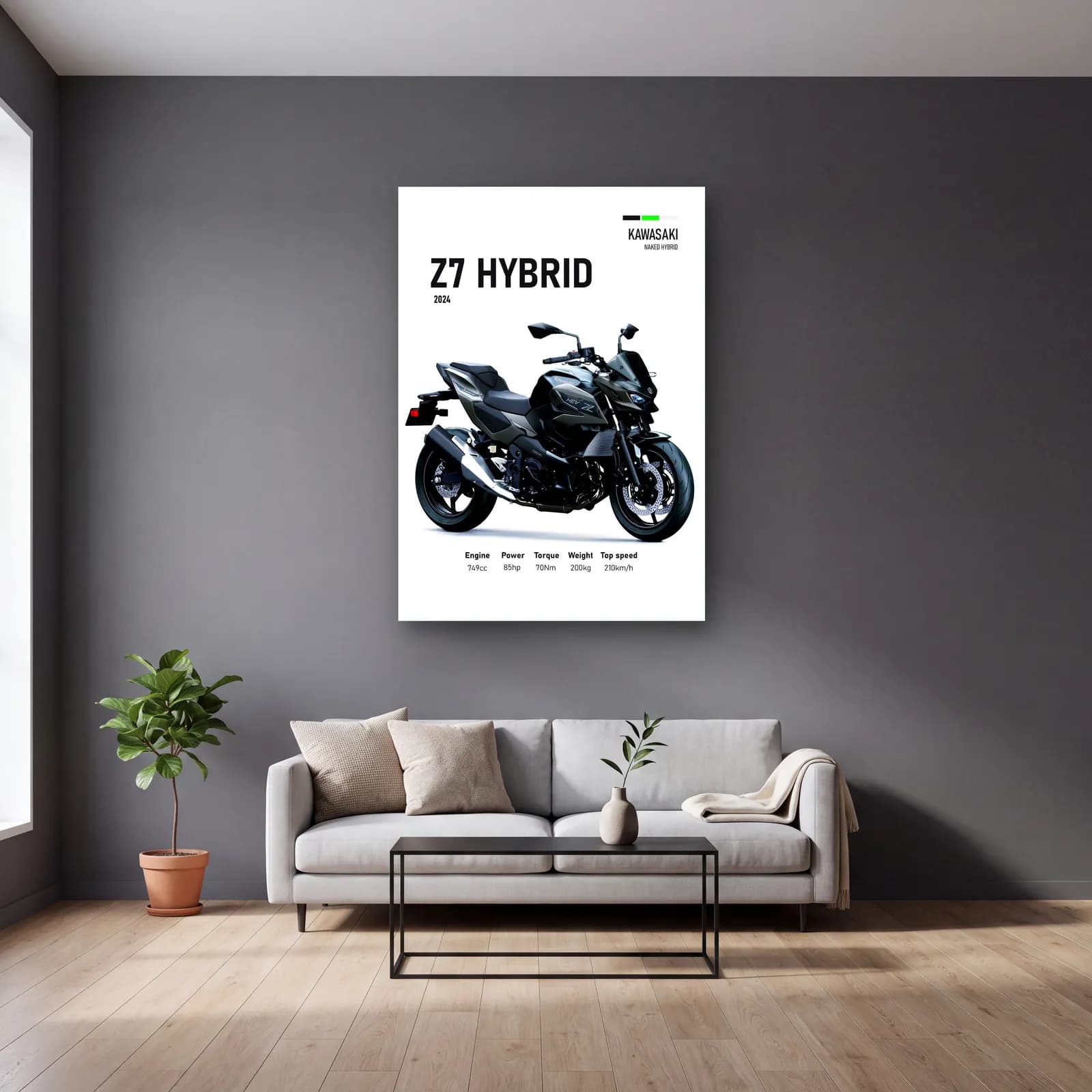 Kawasaki Z7 Hybrid 2024 Siyah cam tablo — gri duvarlı salonda