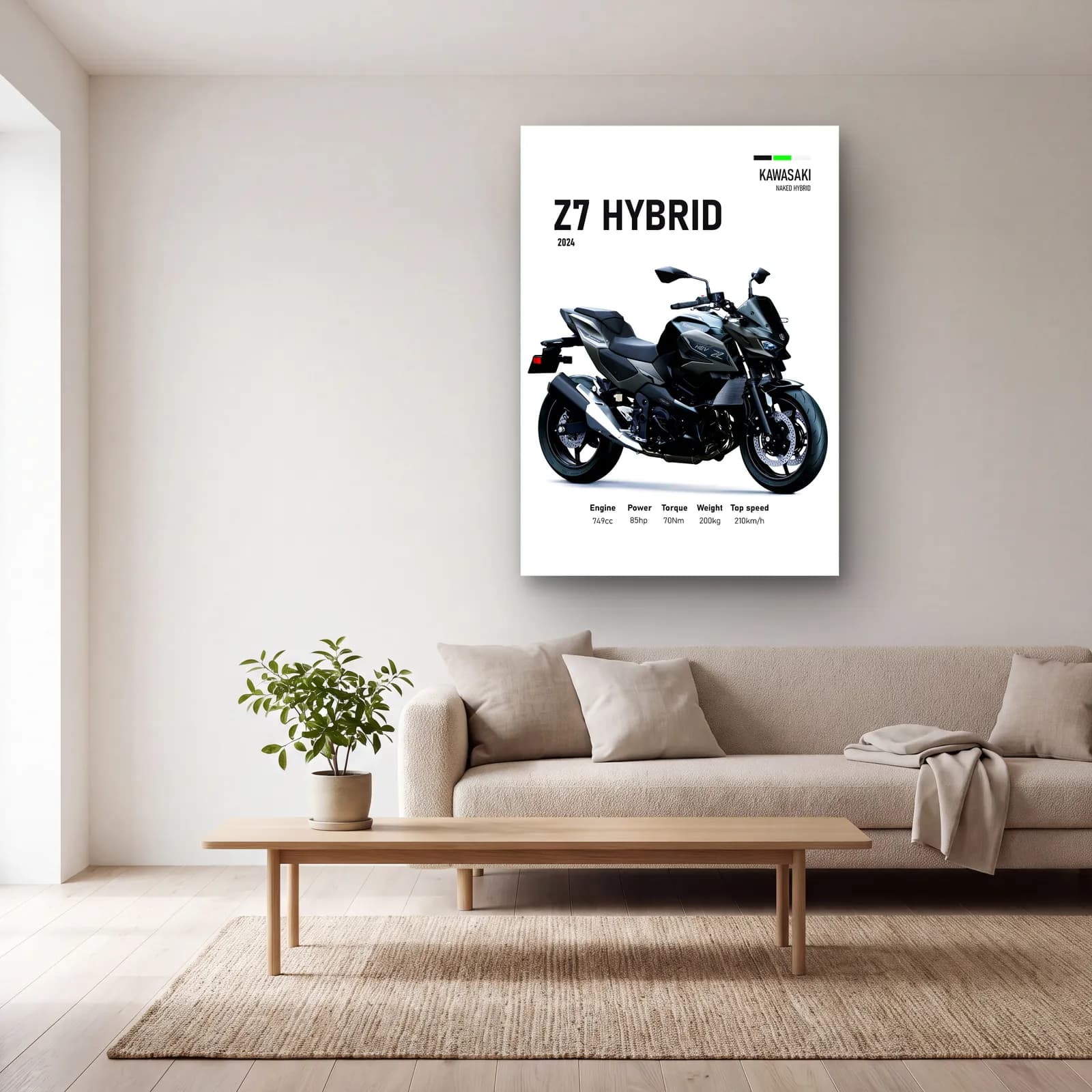Kawasaki Z7 Hybrid 2024 Siyah cam tablo — açık renk salonda