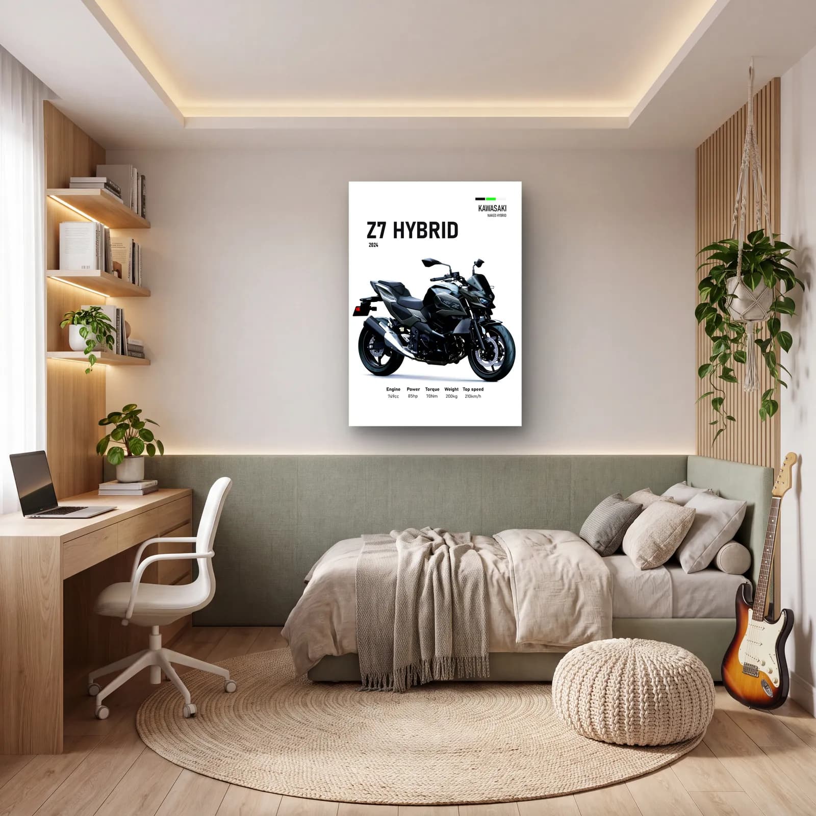 Kawasaki Z7 Hybrid 2024 Siyah cam tablo — genç odasında