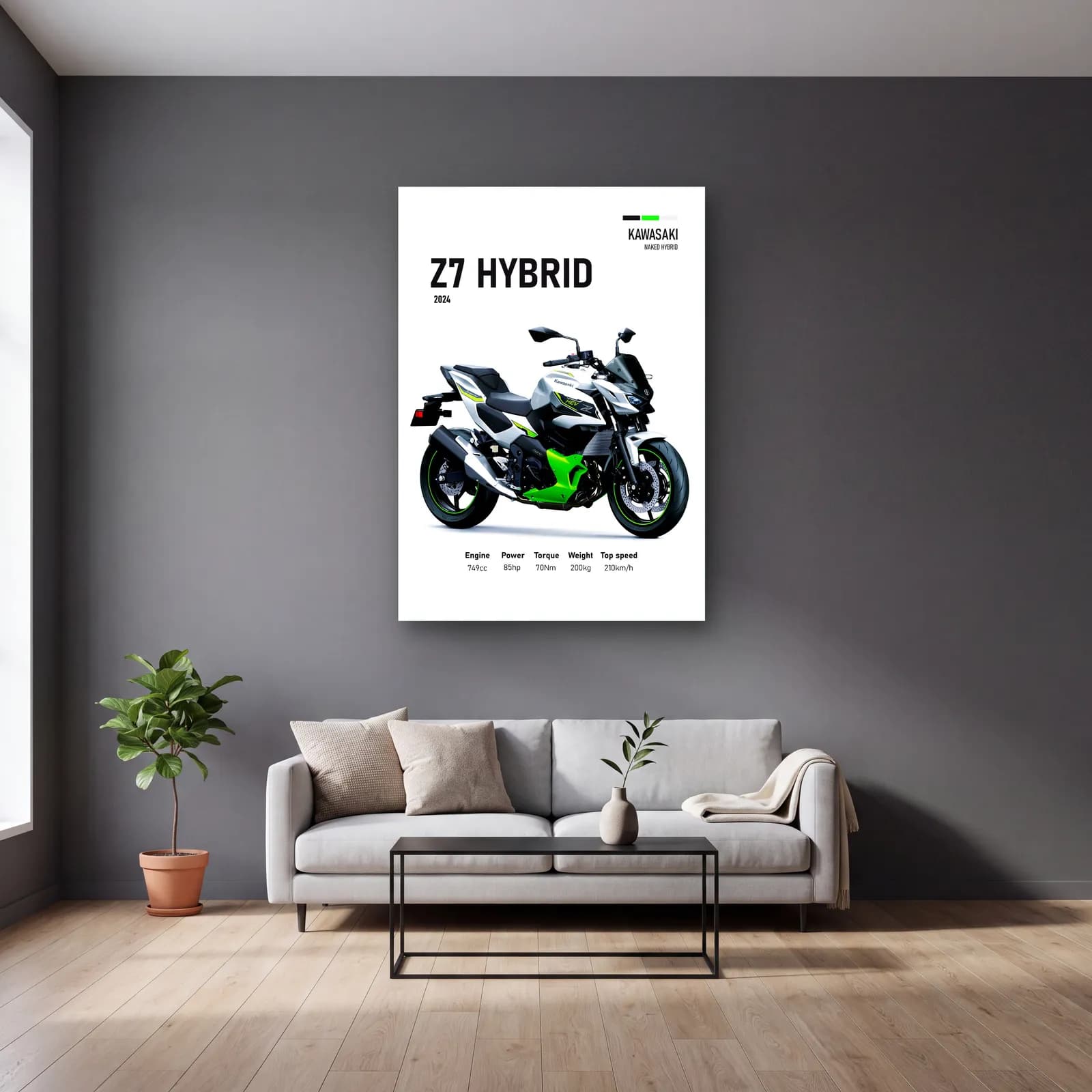 Kawasaki Z7 Hybrid 2024 Beyaz cam tablo — gri duvarlı salonda