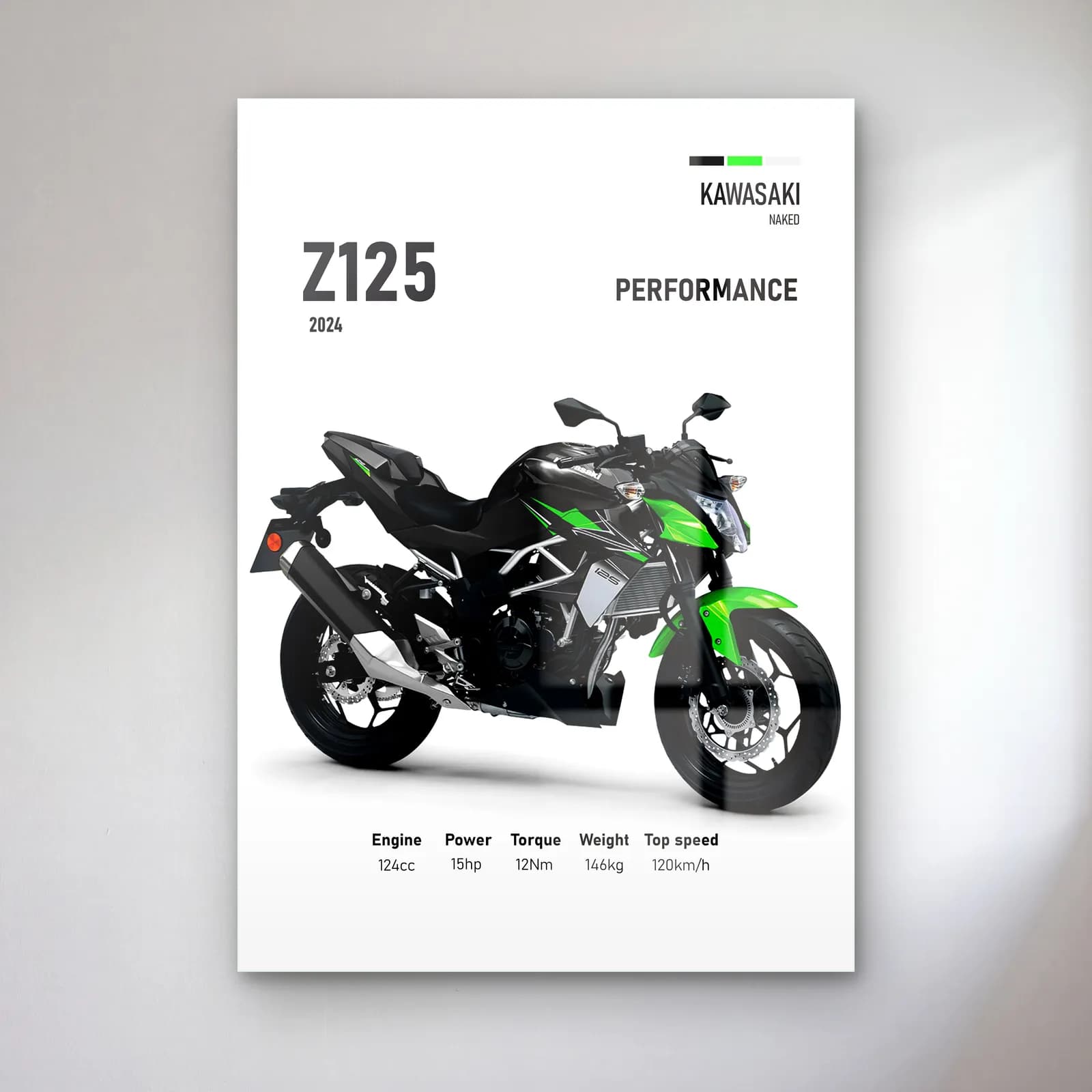 Kawasaki Z125 Performance 2024 cam tablo — Beyaz zeminde siyah yeşil Kawasaki Z125 Performance 2024 ve teknik veriler