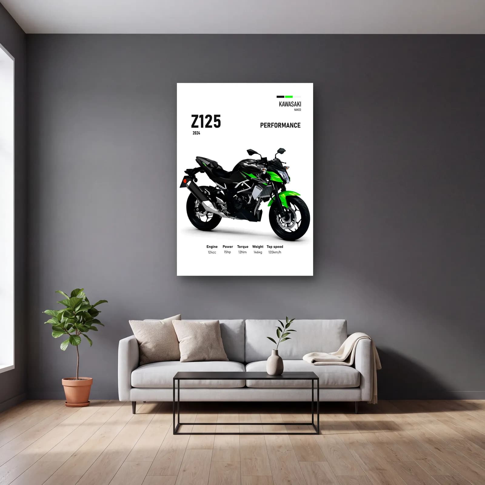 Kawasaki Z125 Performance 2024 cam tablo — gri duvarlı salonda