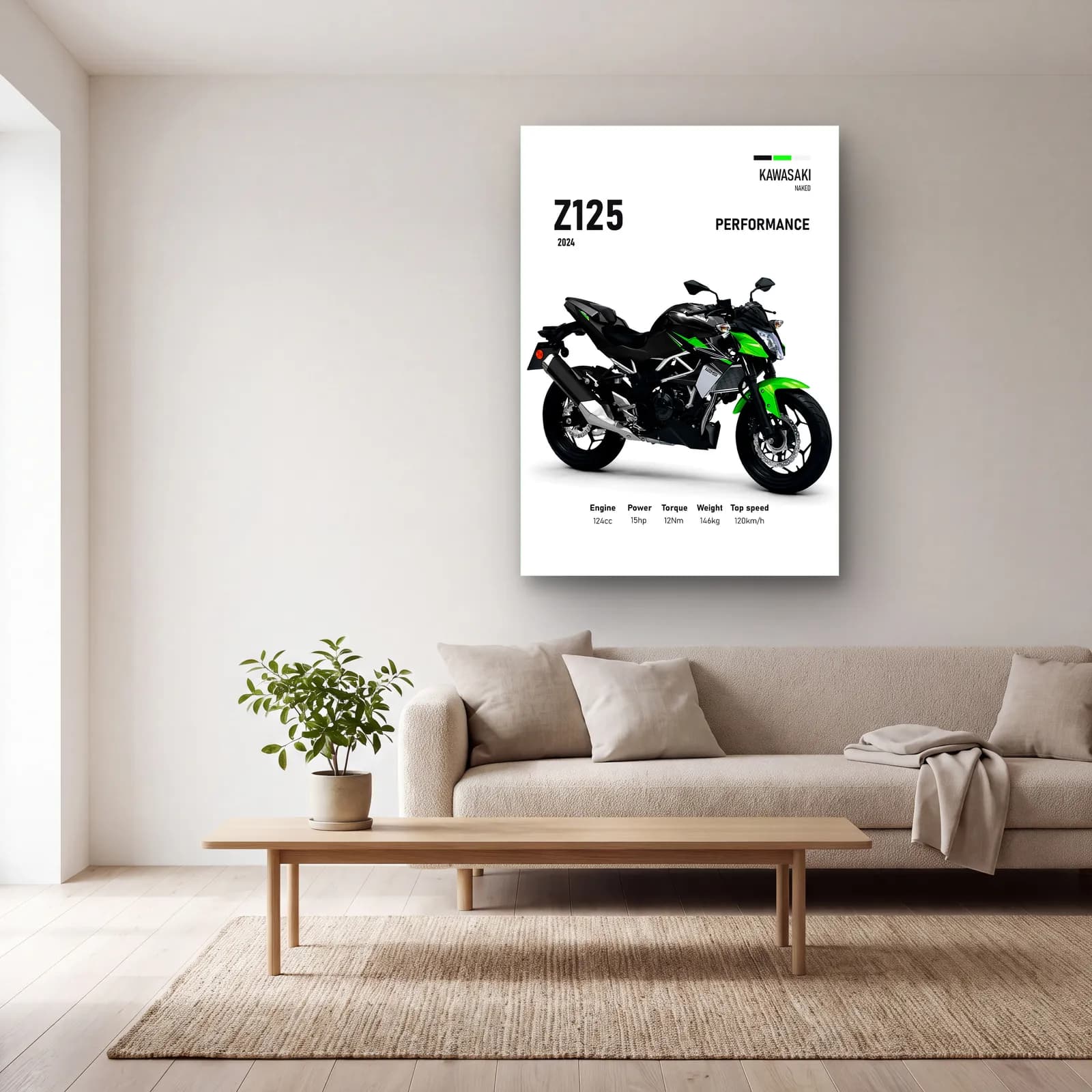 Kawasaki Z125 Performance 2024 cam tablo — açık renk salonda