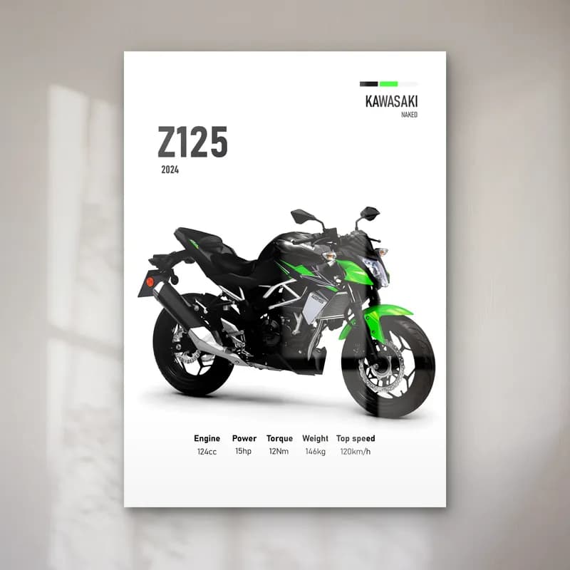 Kawasaki Z125 2024 cam tablo — Beyaz zeminde siyah yeşil Kawasaki Z125 2024 ve teknik veriler
