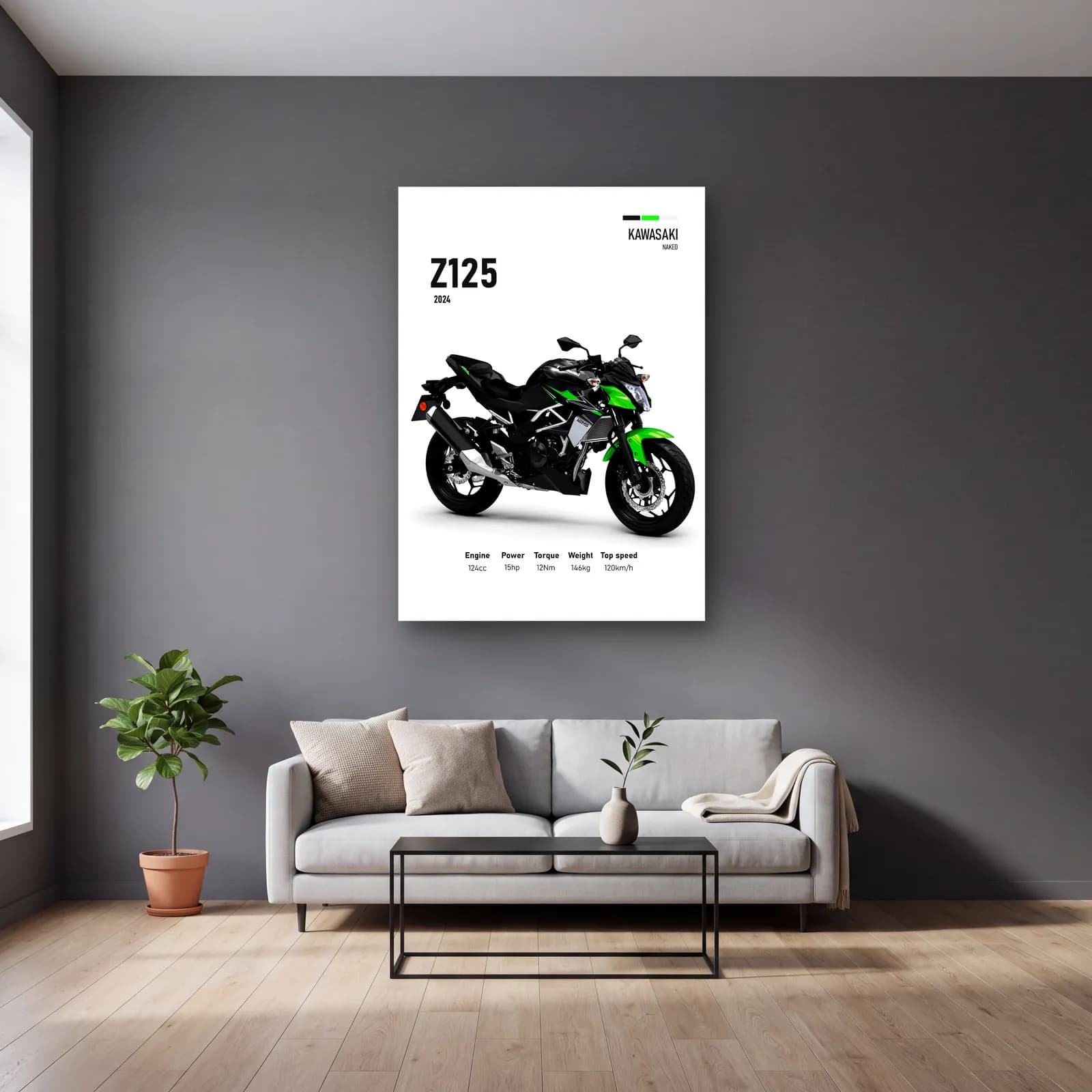 Kawasaki Z125 2024 cam tablo — gri duvarlı salonda