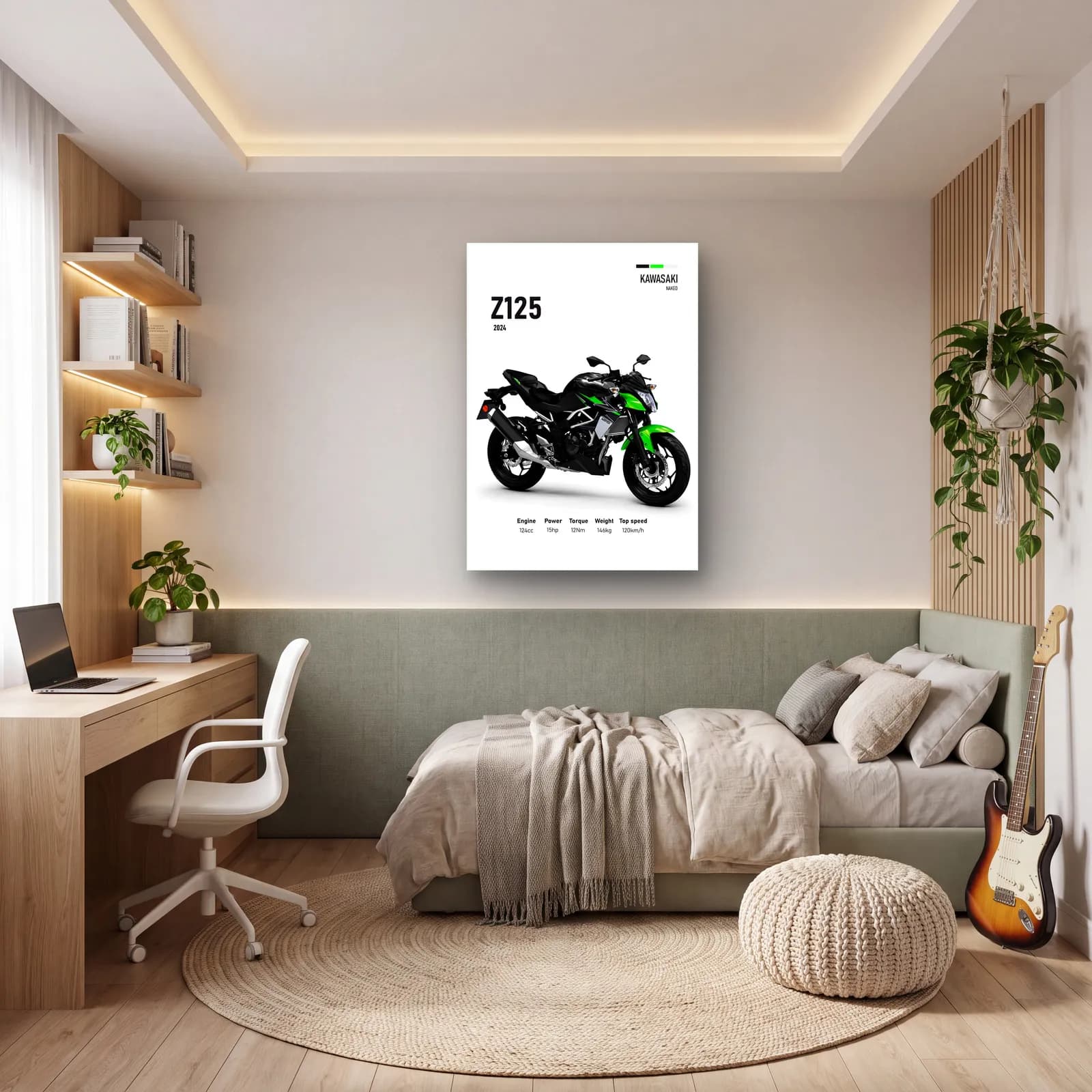 Kawasaki Z125 2024 cam tablo — genç odasında