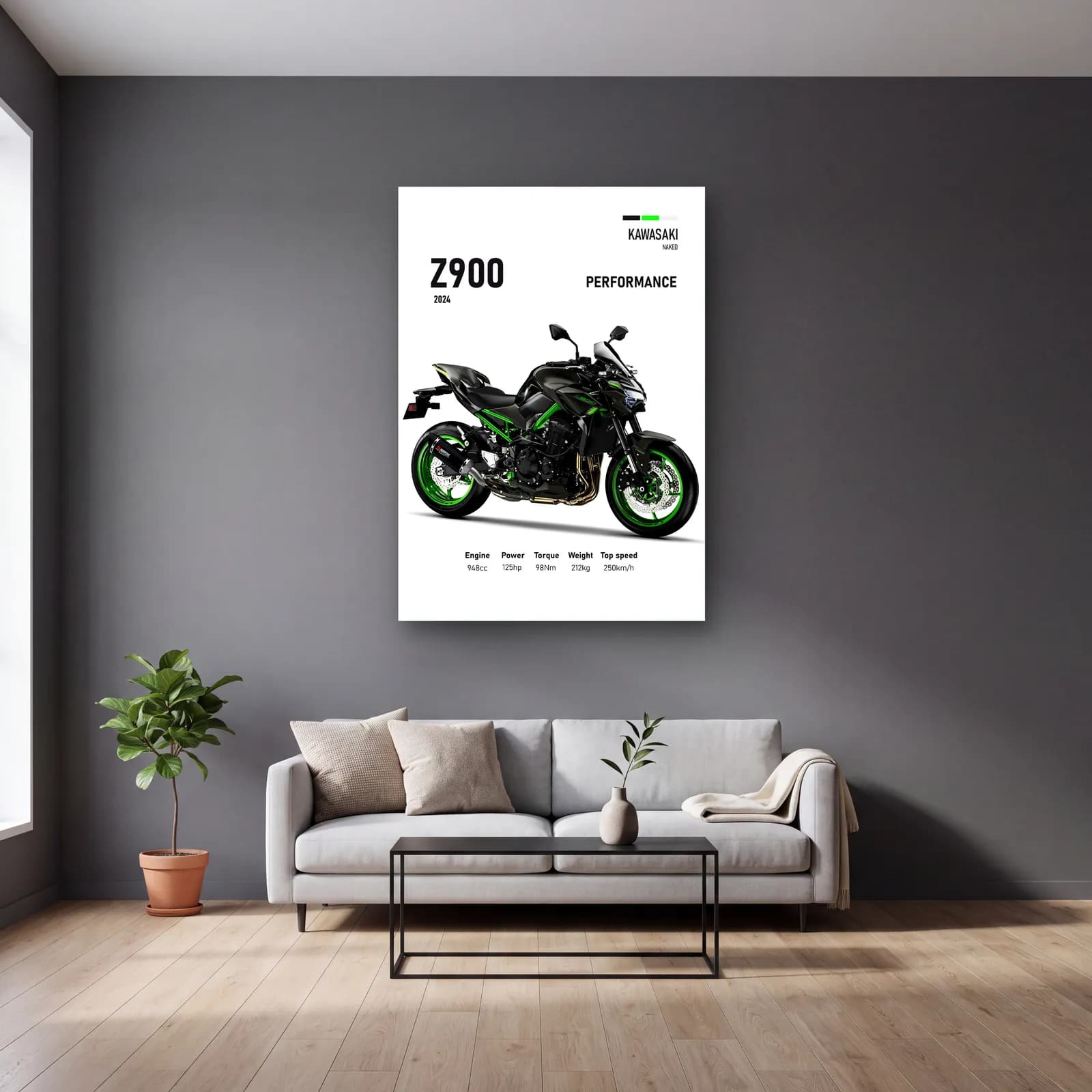 Kawasaki Z900 Performance 2024 cam tablo — gri duvarlı salonda