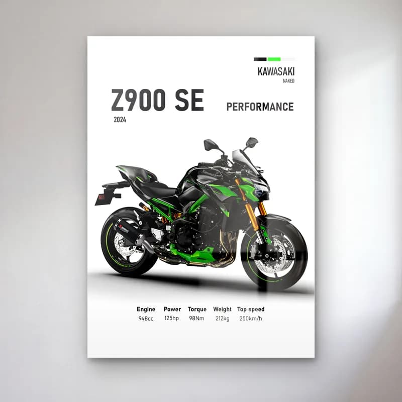 Kawasaki Z900 SE Performance 2024 cam tablo — Beyaz zeminde siyah yeşil Kawasaki Z900 SE Performance 2024 ve teknik veriler