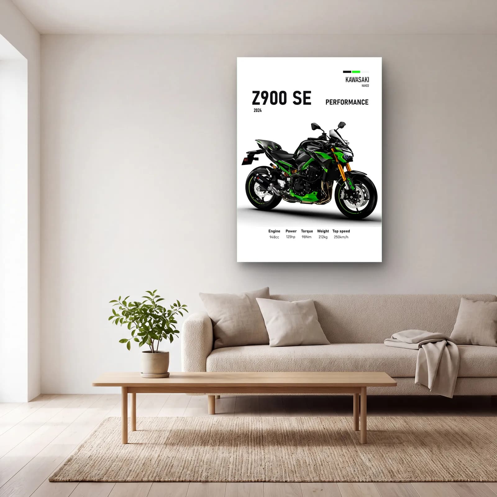 Kawasaki Z900 SE Performance 2024 cam tablo — açık renk salonda