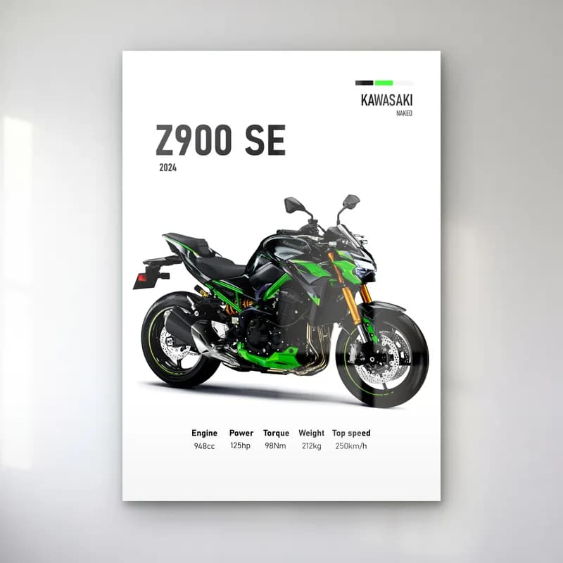 Kawasaki Z900 SE 2024 cam tablo — Beyaz zeminde siyah yeşil Kawasaki Z900 SE 2024 ve teknik veriler