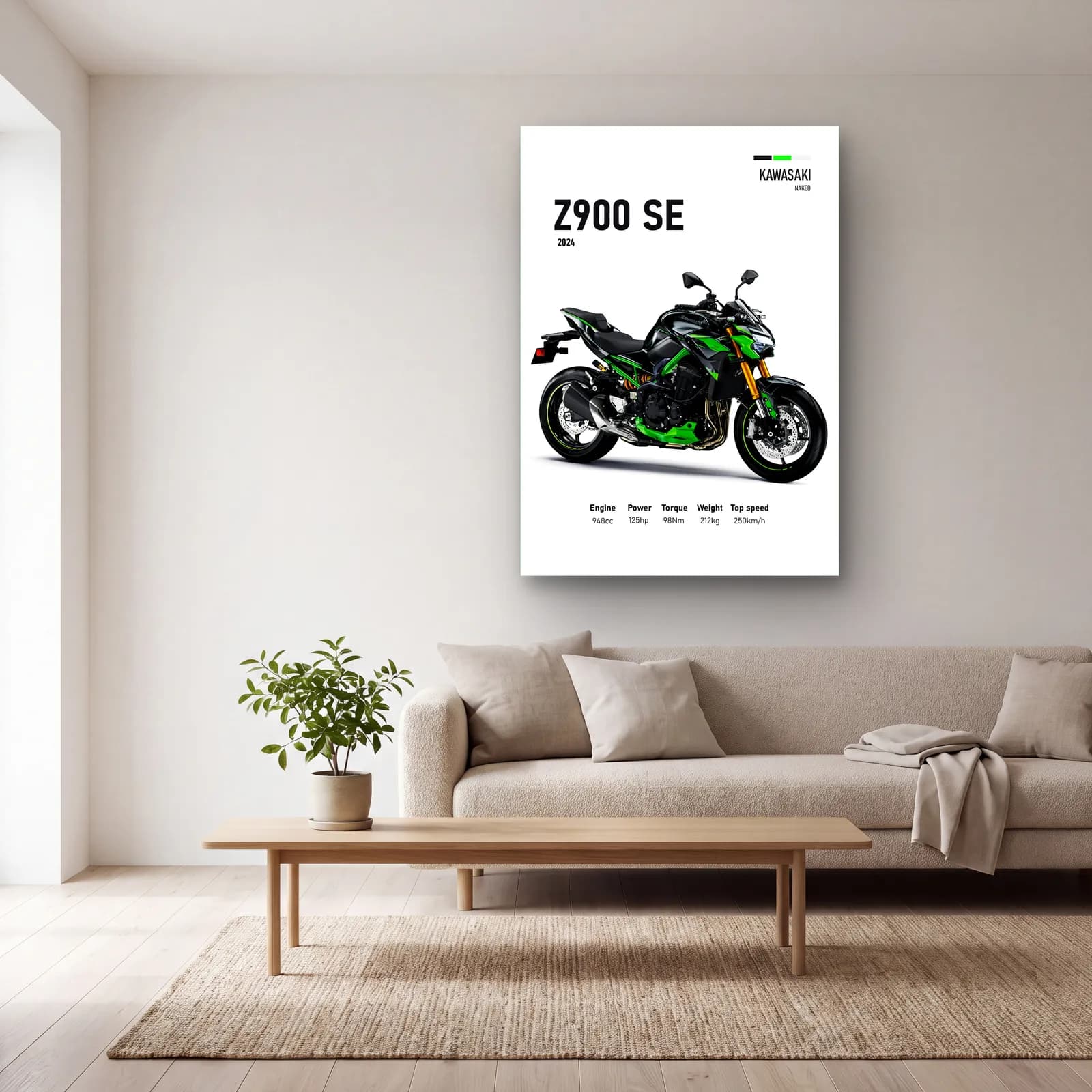 Kawasaki Z900 SE 2024 cam tablo — açık renk salonda