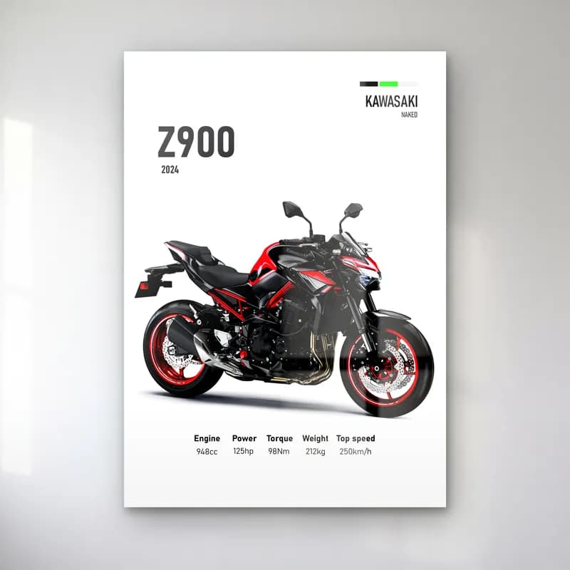 Kawasaki Z900 2024 cam tablo — Beyaz zeminde siyah kırmızı Kawasaki Z900 2024 ve teknik veriler
