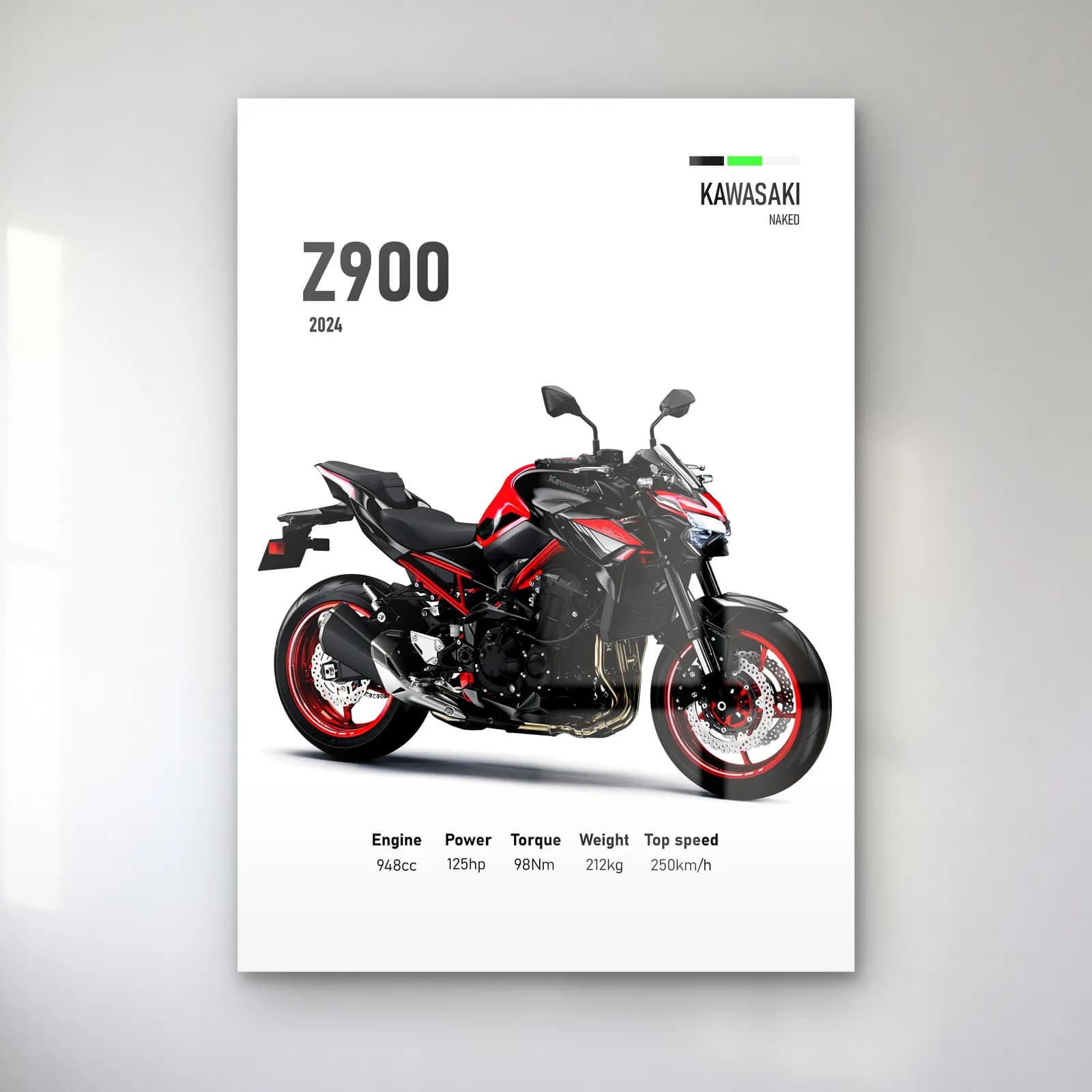 Kawasaki Z900 2024 cam tablo — Beyaz zeminde siyah kırmızı Kawasaki Z900 2024 ve teknik veriler