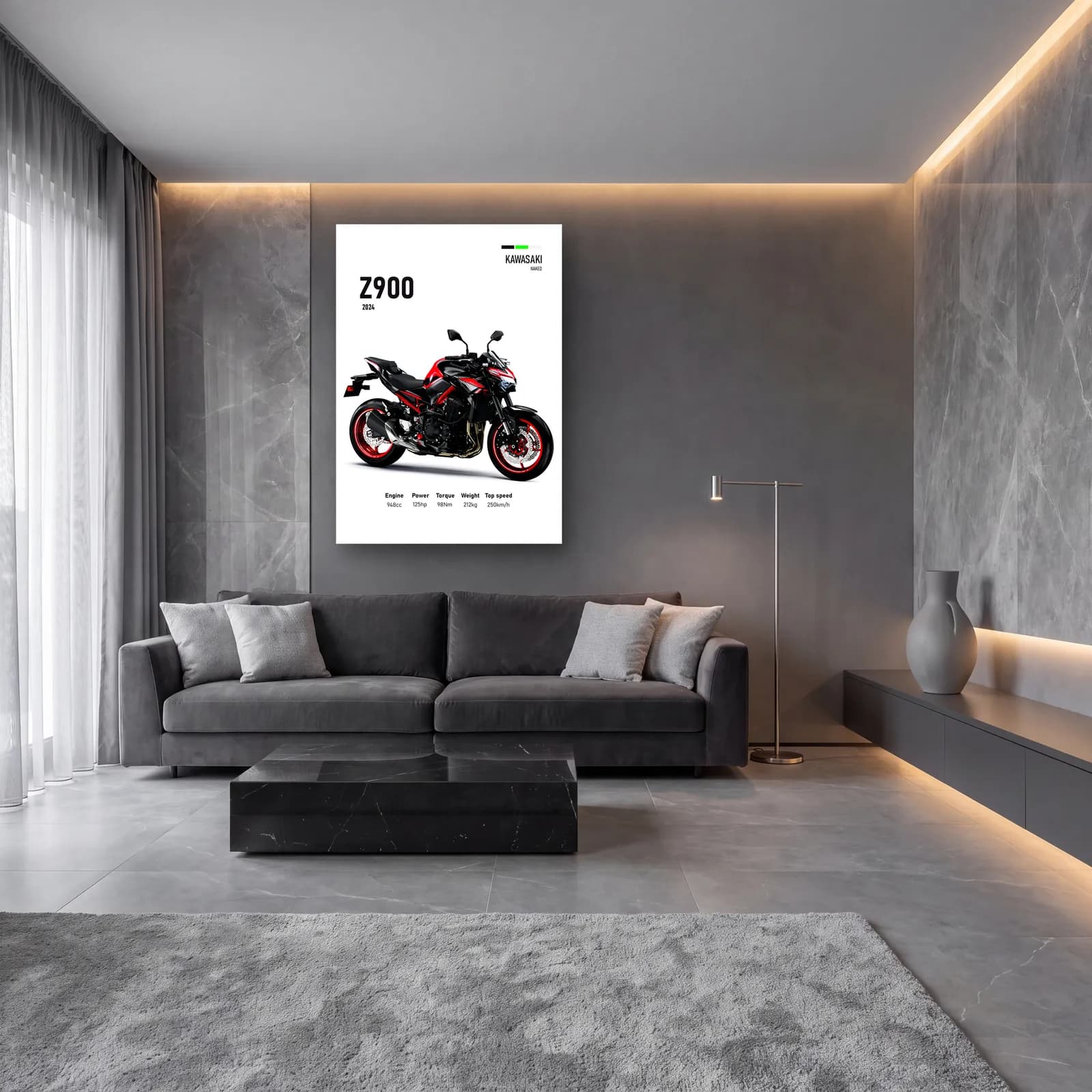 Kawasaki Z900 2024 cam tablo — lüks salon duvarında