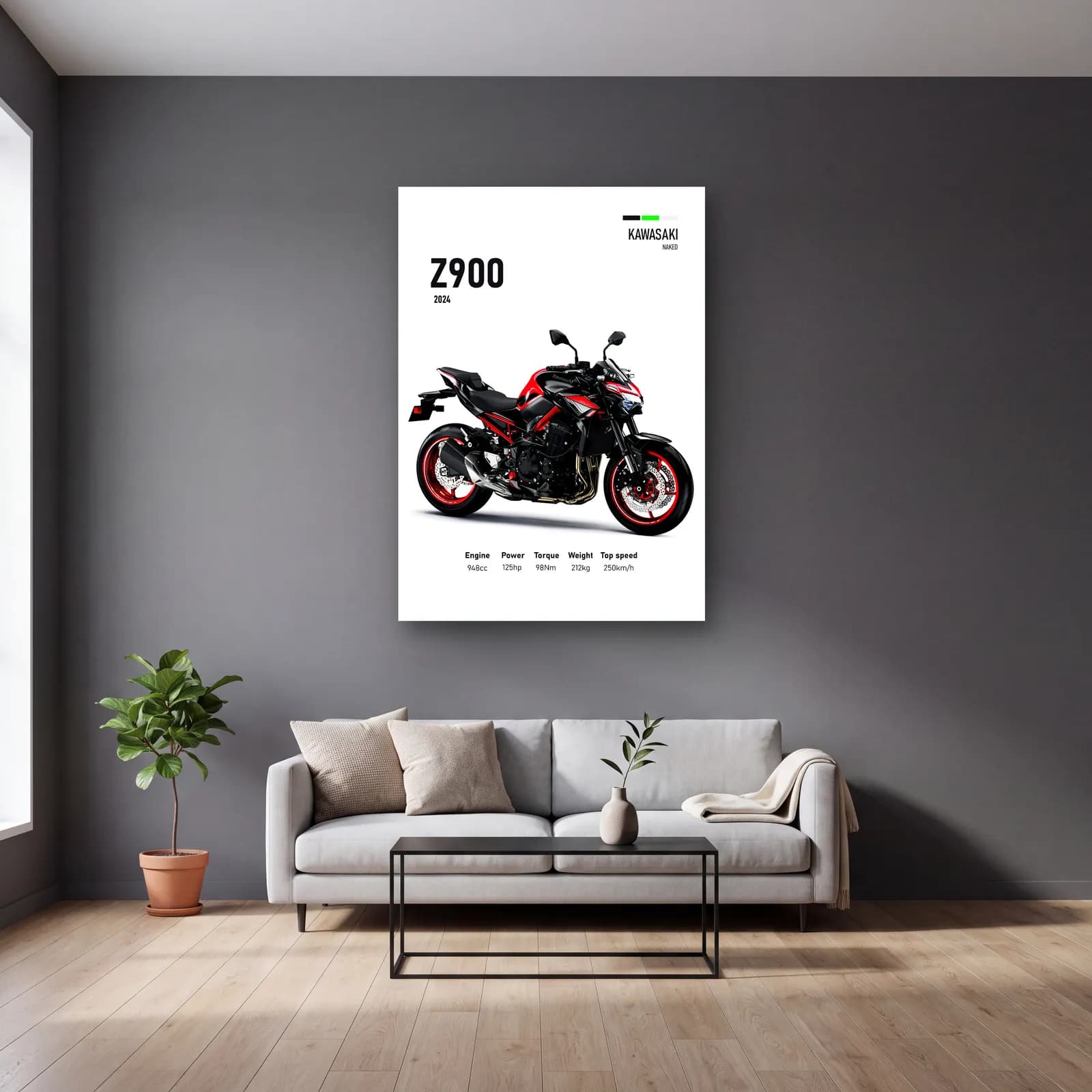 Kawasaki Z900 2024 cam tablo — gri duvarlı salonda