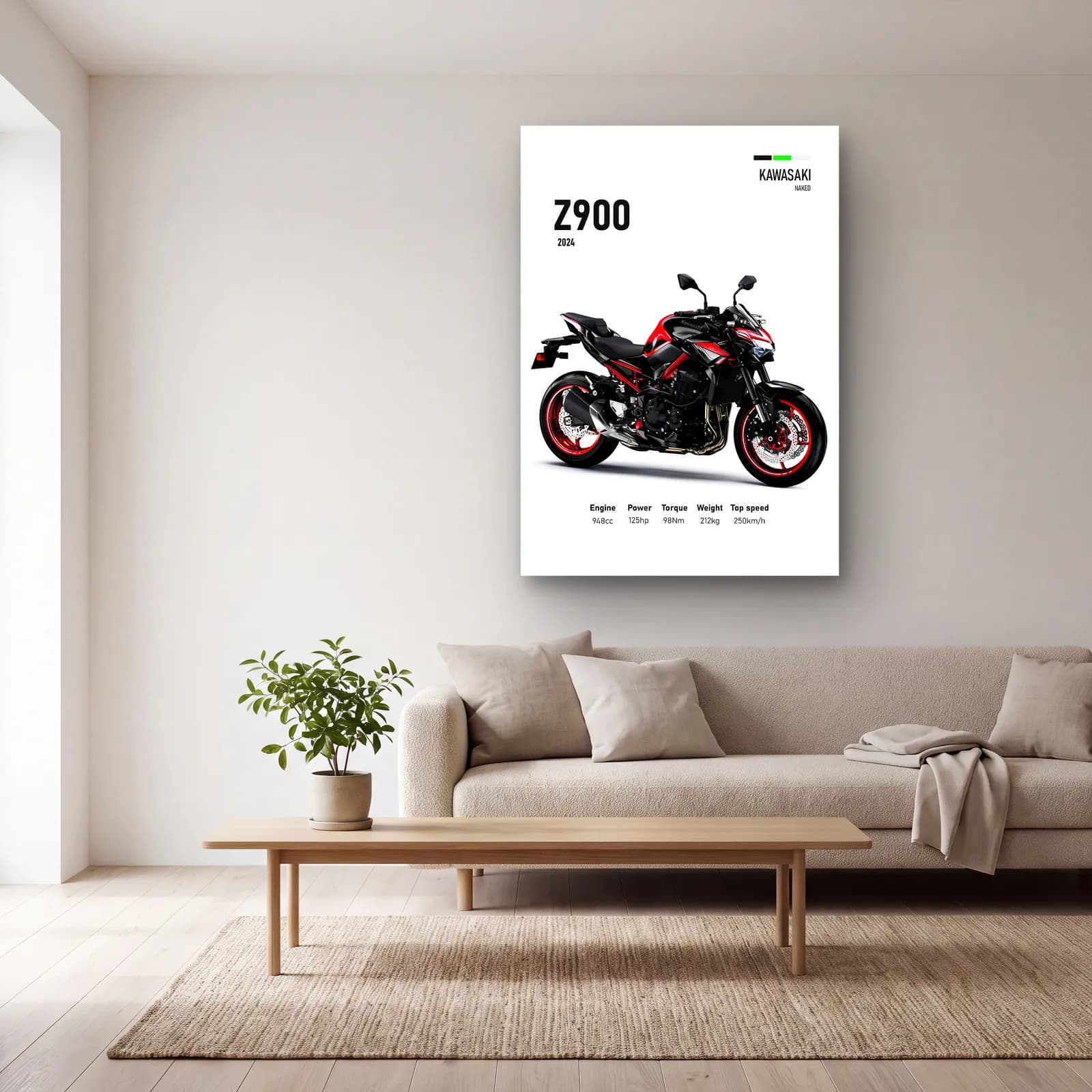 Kawasaki Z900 2024 cam tablo — açık renk salonda