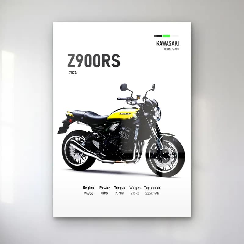 Kawasaki Z900RS 2024 cam tablo — Beyaz zeminde sarı siyah Kawasaki Z900RS 2024 ve teknik veriler
