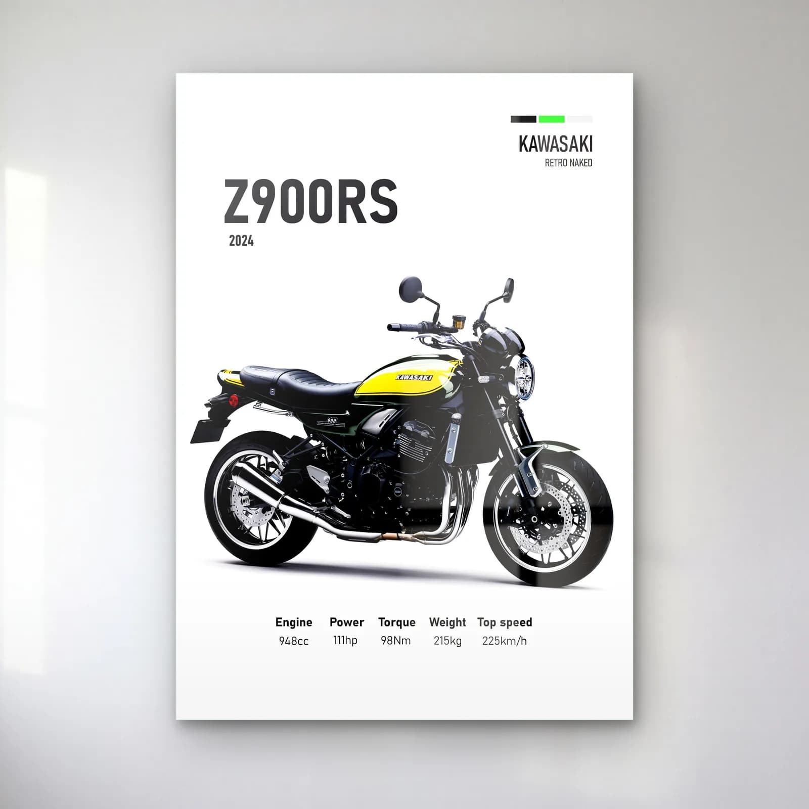 Kawasaki Z900RS 2024 cam tablo — Beyaz zeminde sarı siyah Kawasaki Z900RS 2024 ve teknik veriler