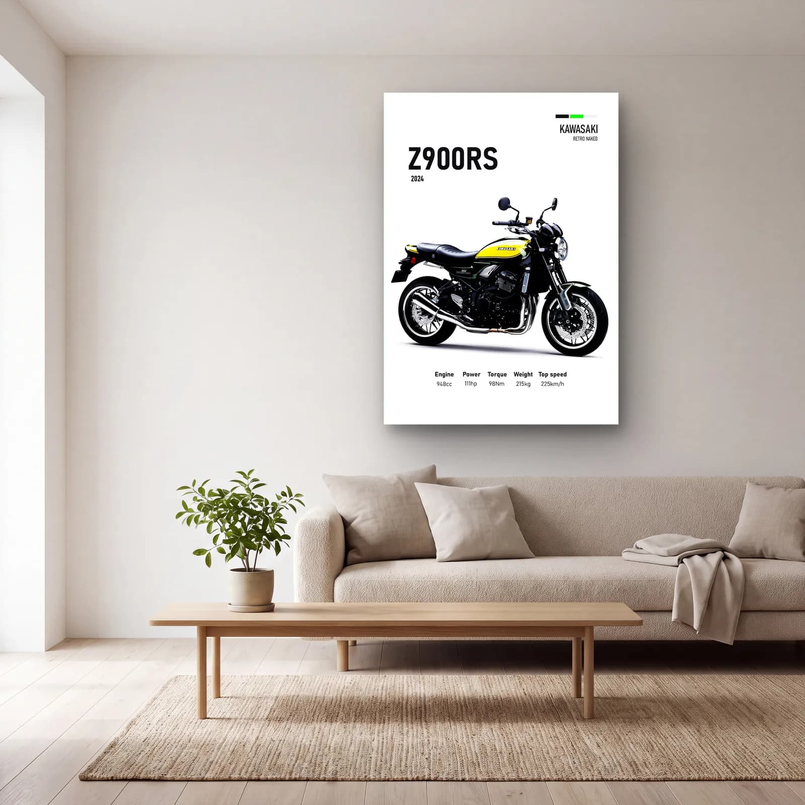 Kawasaki Z900RS 2024 cam tablo — açık renk salonda
