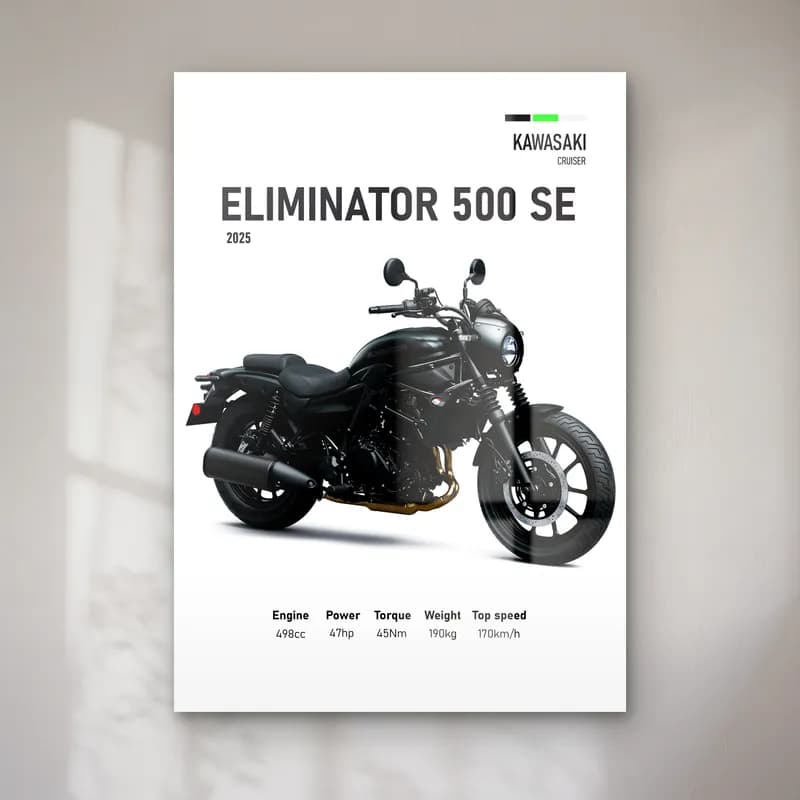 Kawasaki Eliminator 500 SE 2025 cam tablo — Beyaz zeminde siyah gri Kawasaki Eliminator 500 SE 2025 ve teknik veriler