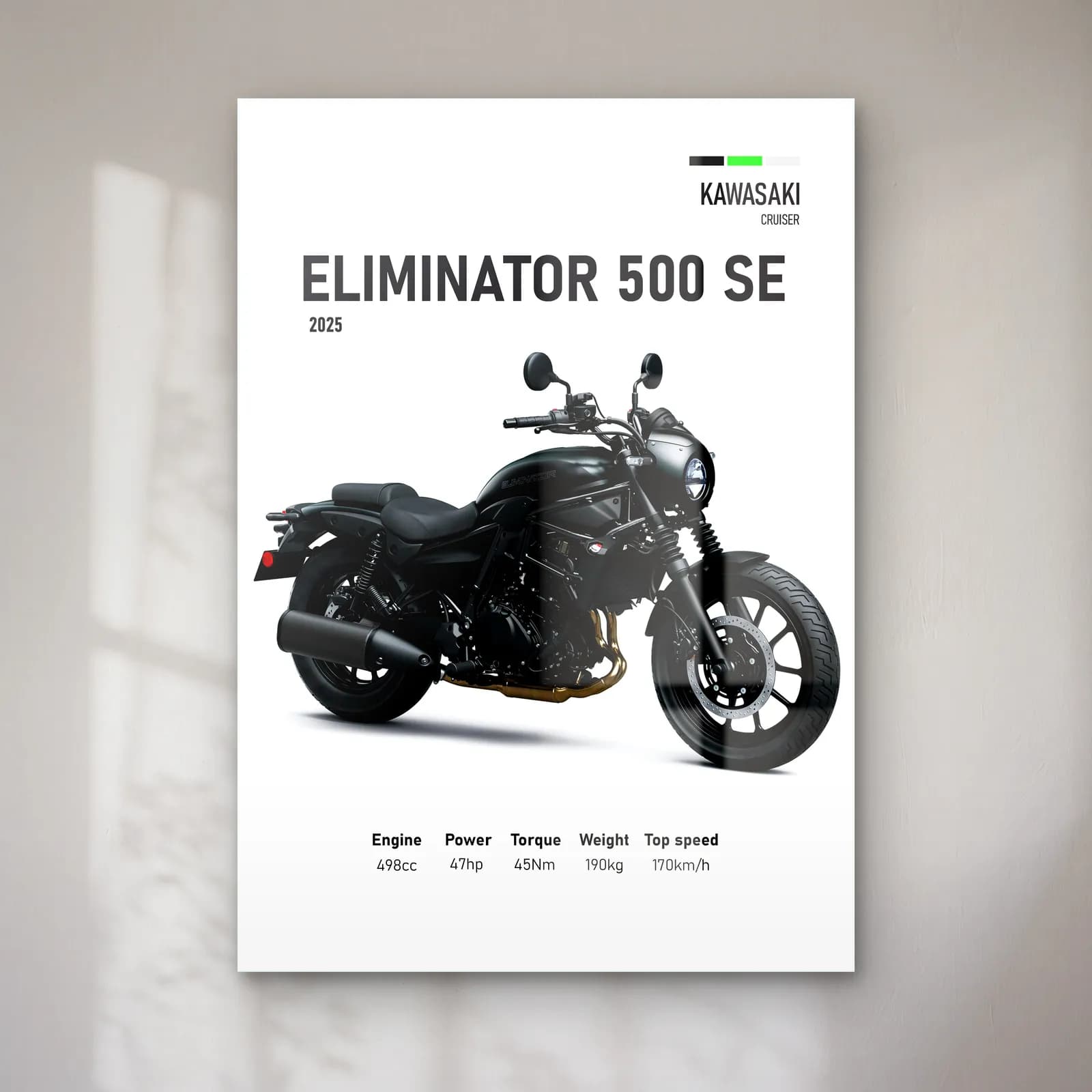 Kawasaki Eliminator 500 SE 2025 cam tablo — Beyaz zeminde siyah gri Kawasaki Eliminator 500 SE 2025 ve teknik veriler