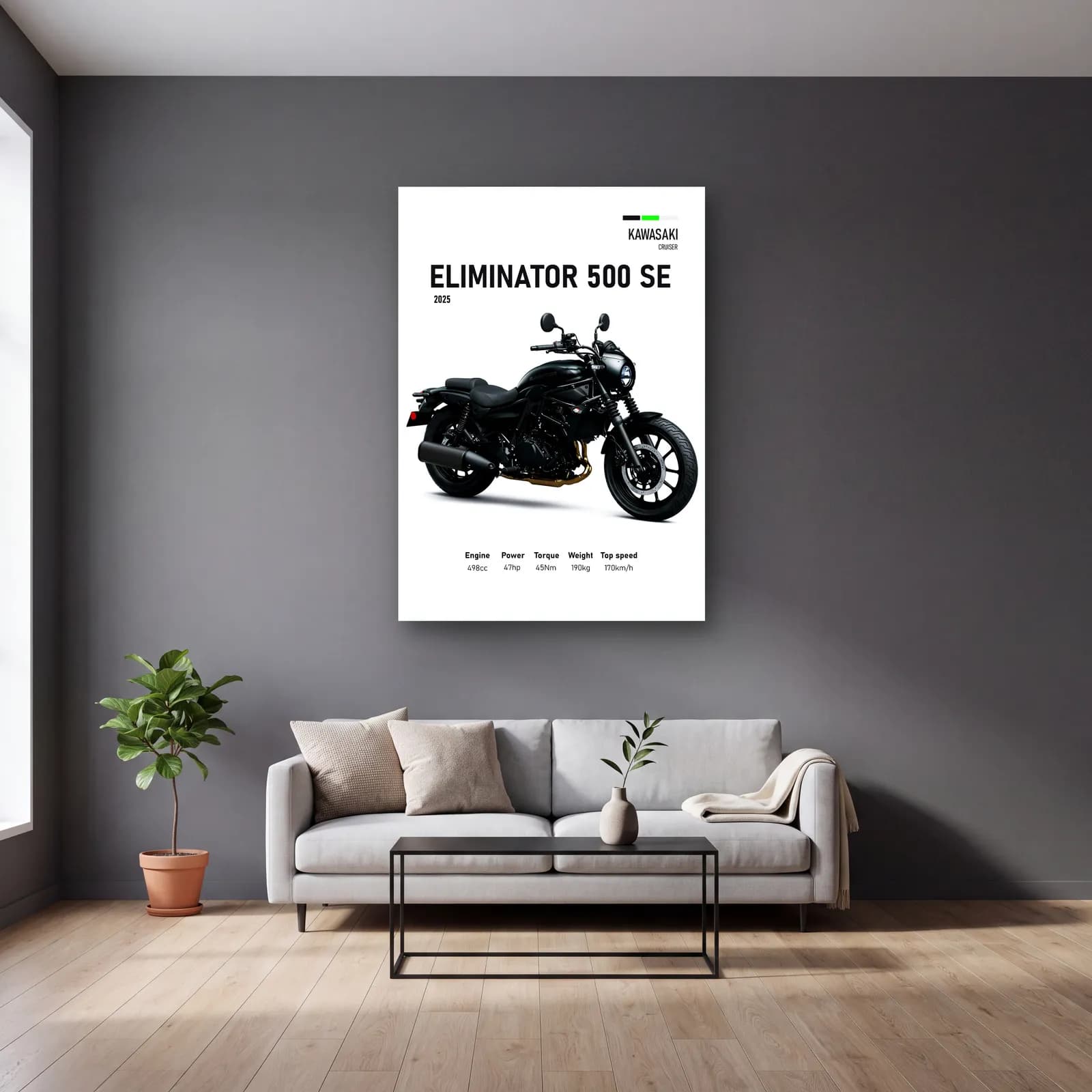 Kawasaki Eliminator 500 SE 2025 cam tablo — gri duvarlı salonda