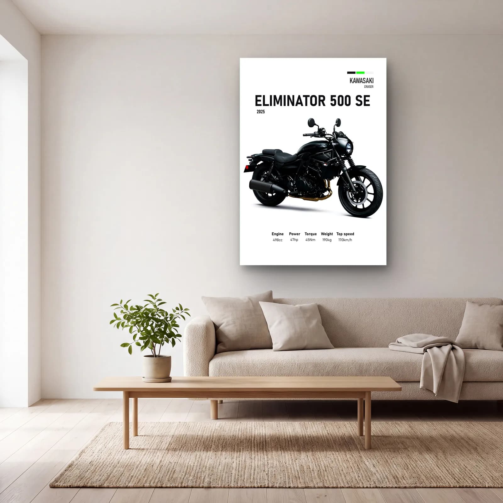 Kawasaki Eliminator 500 SE 2025 cam tablo — açık renk salonda
